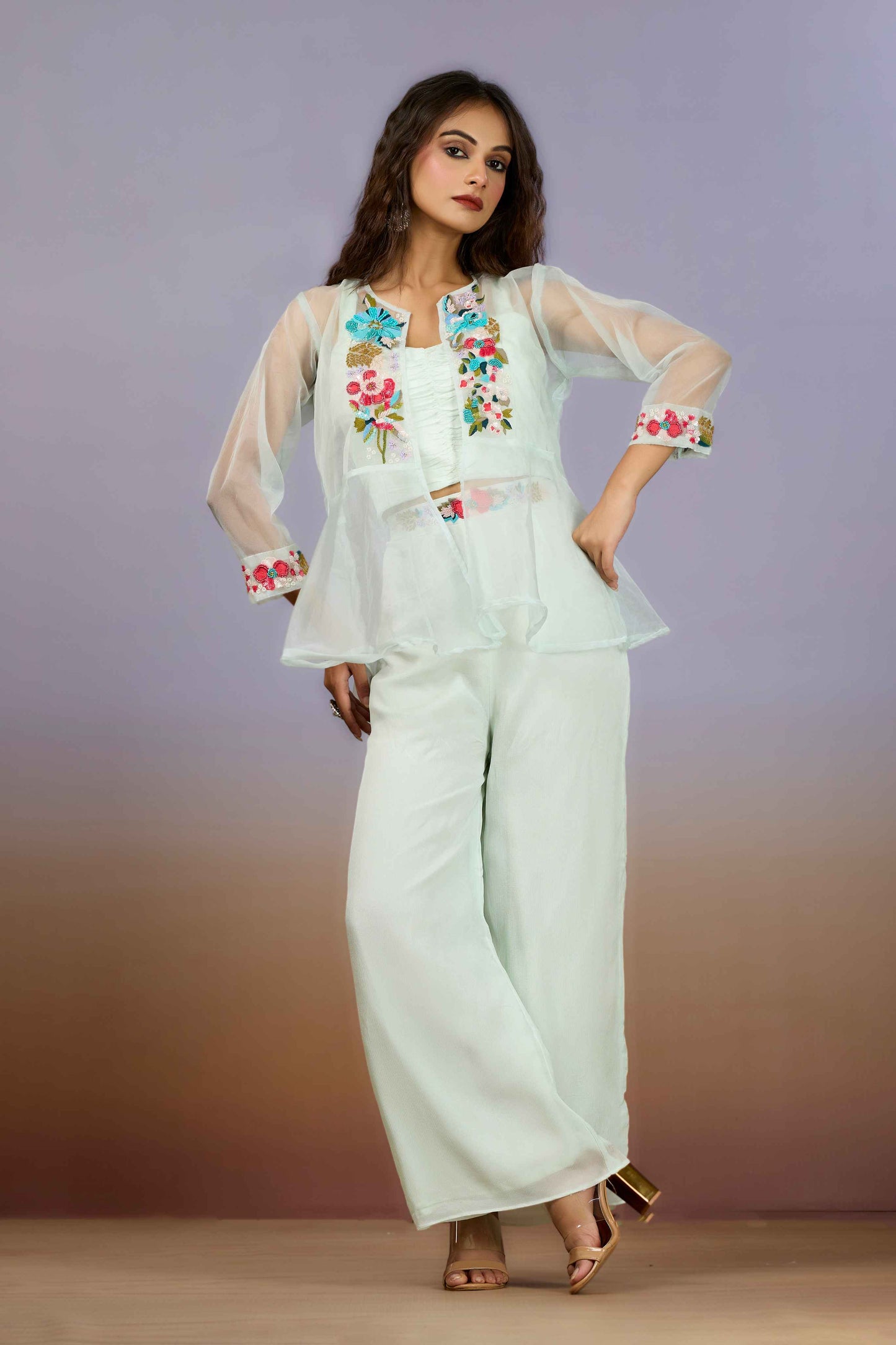 Pink Embroidery Organza Indo Western 1014-10085