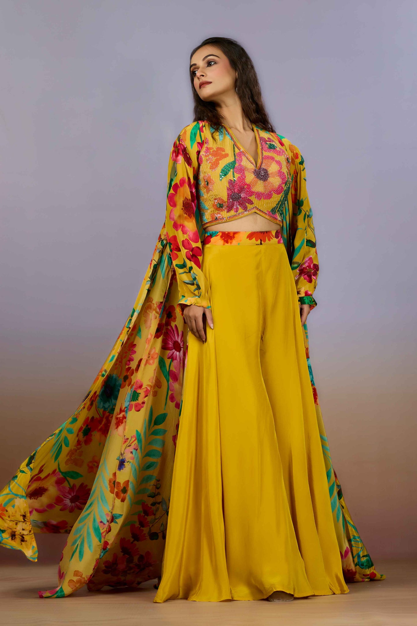 Yellow Cut Dana Crepe Indo Western 1023-10090