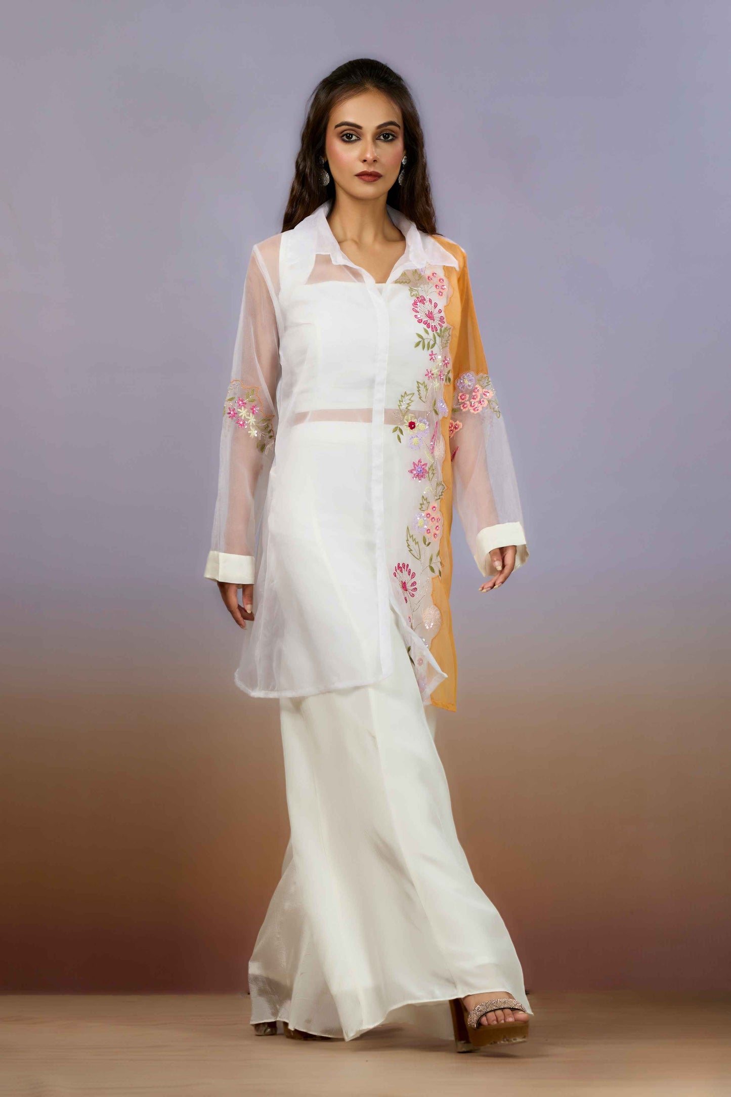 White Yellow Sequins HO silk Indo Western 1014-10088