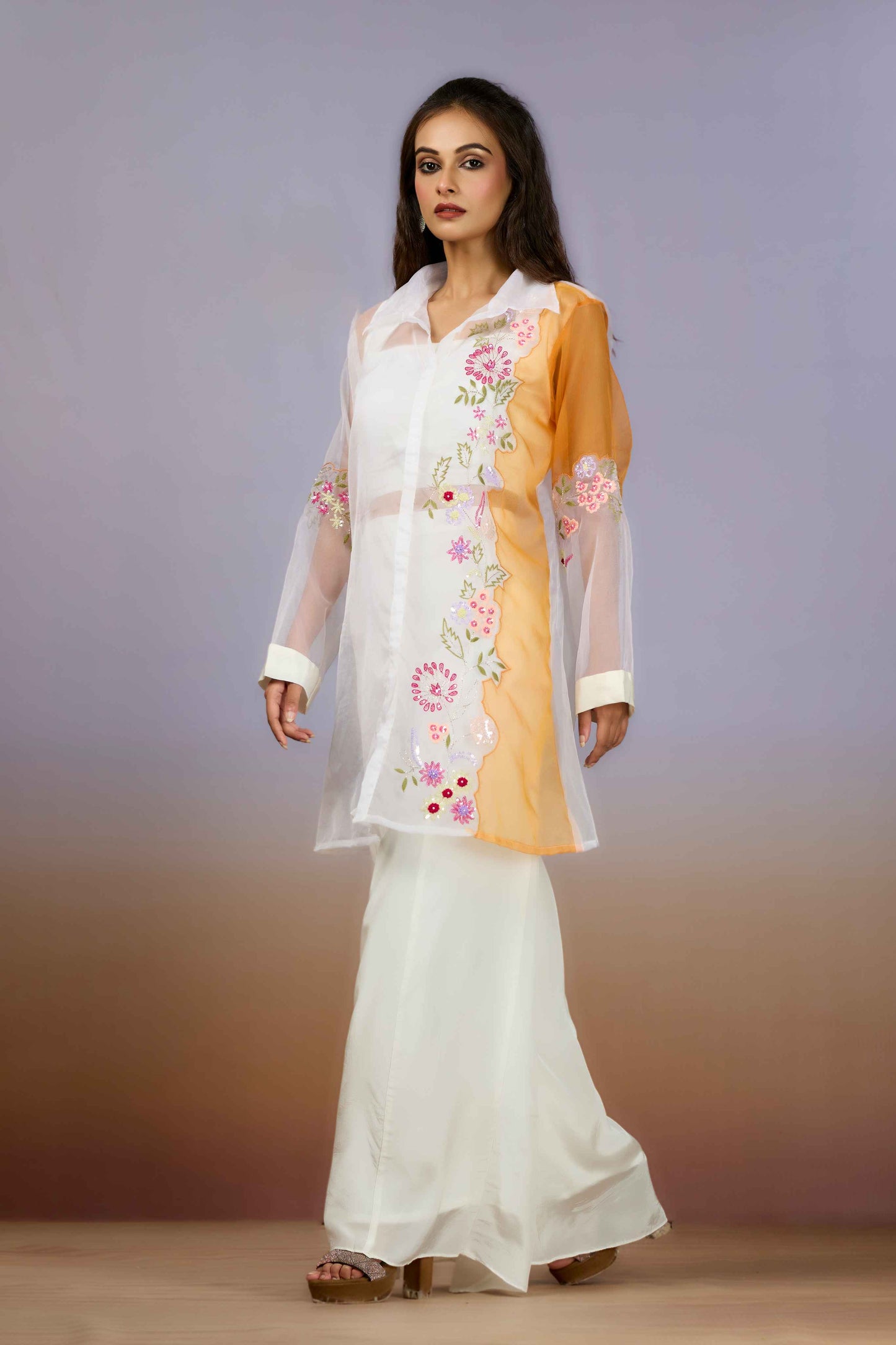 White Yellow Sequins HO silk Indo Western 1014-10088