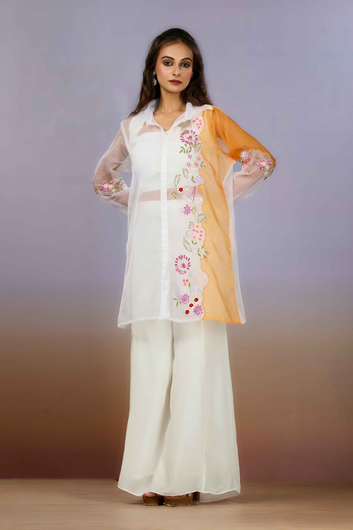 White Yellow Sequins HO silk Indo Western 1014-10088