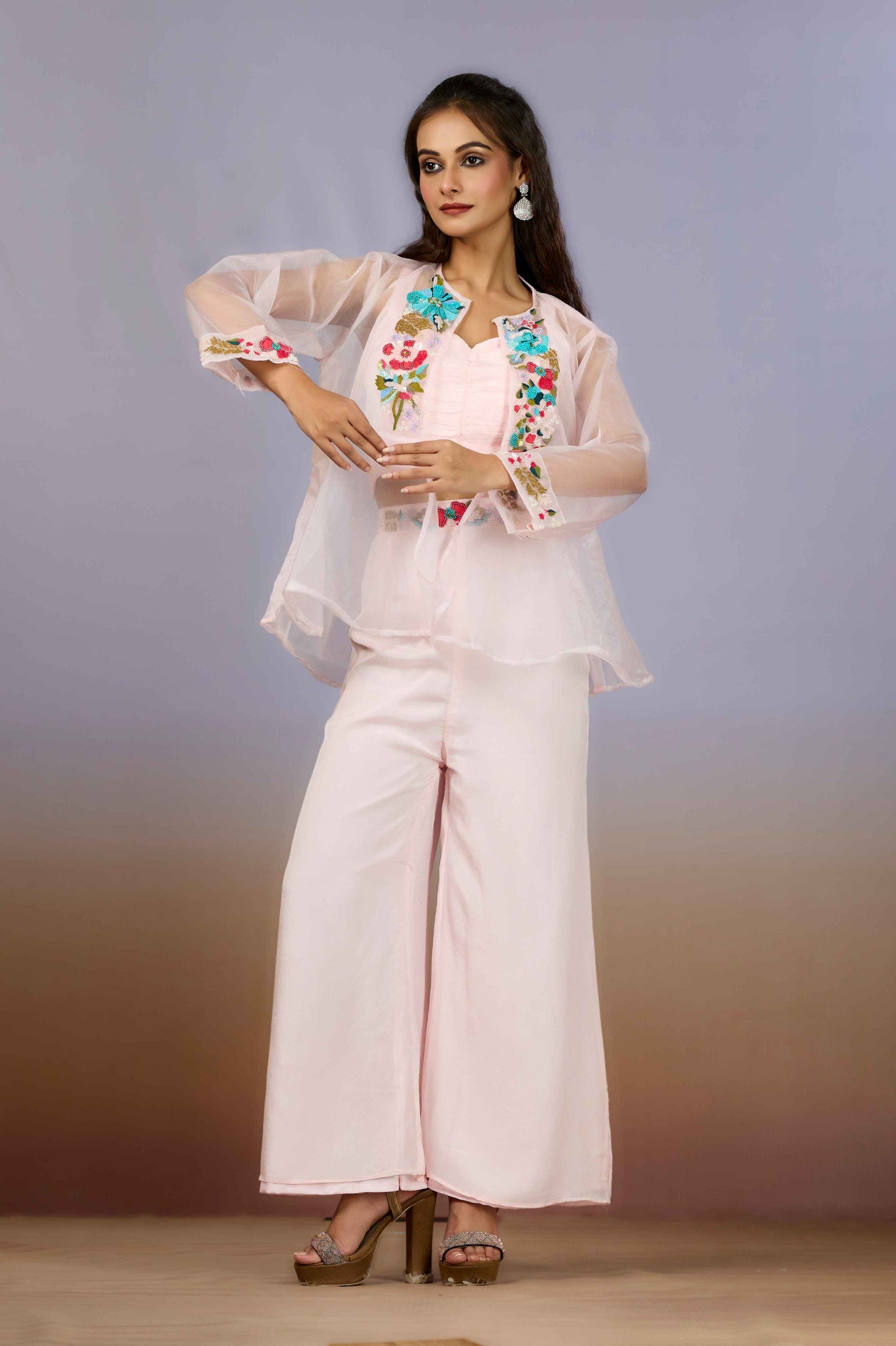 Pink Embroidery Organza Indo Western 1014-10085