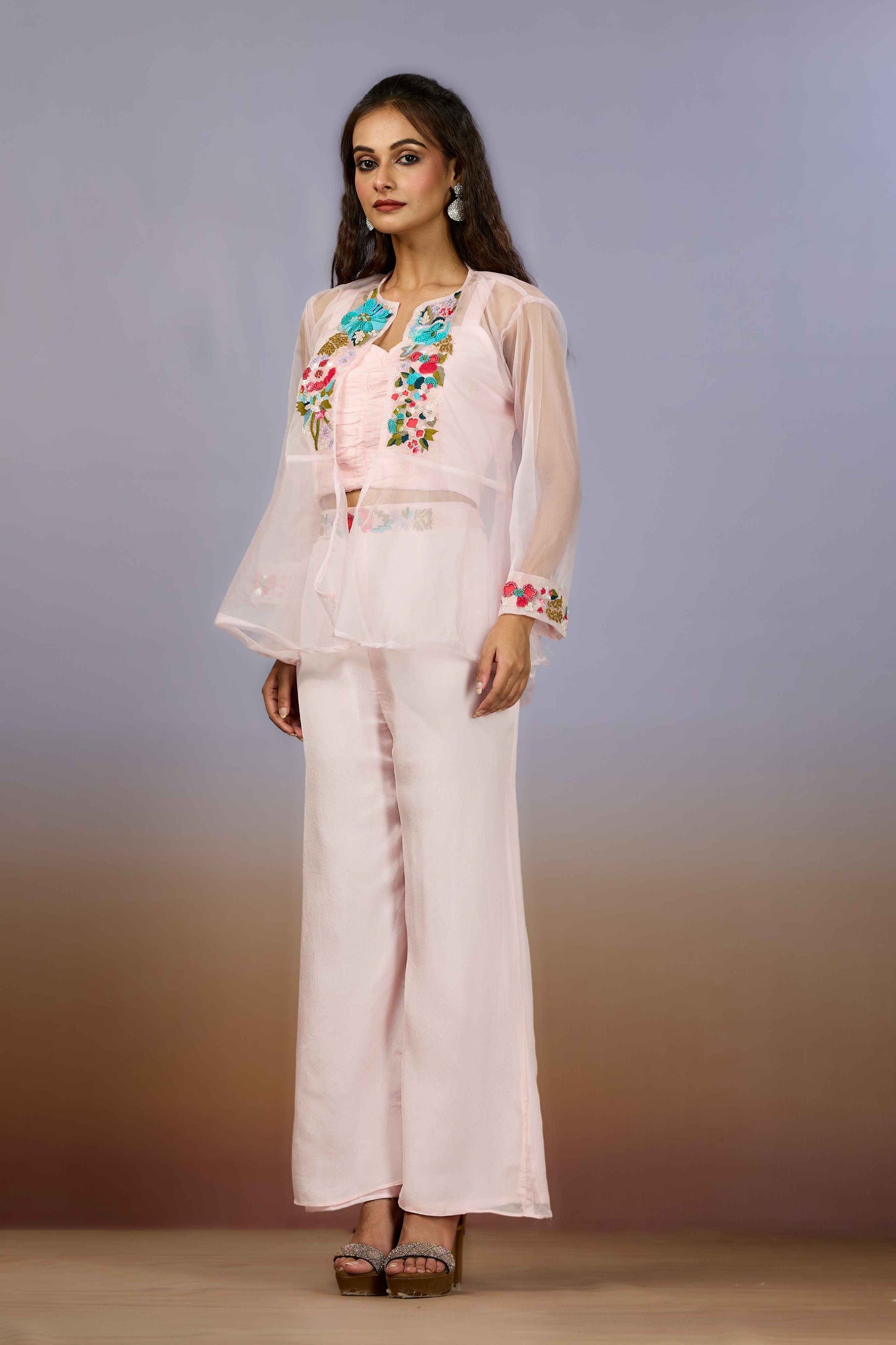 Pink Embroidery Organza Indo Western 1014-10085