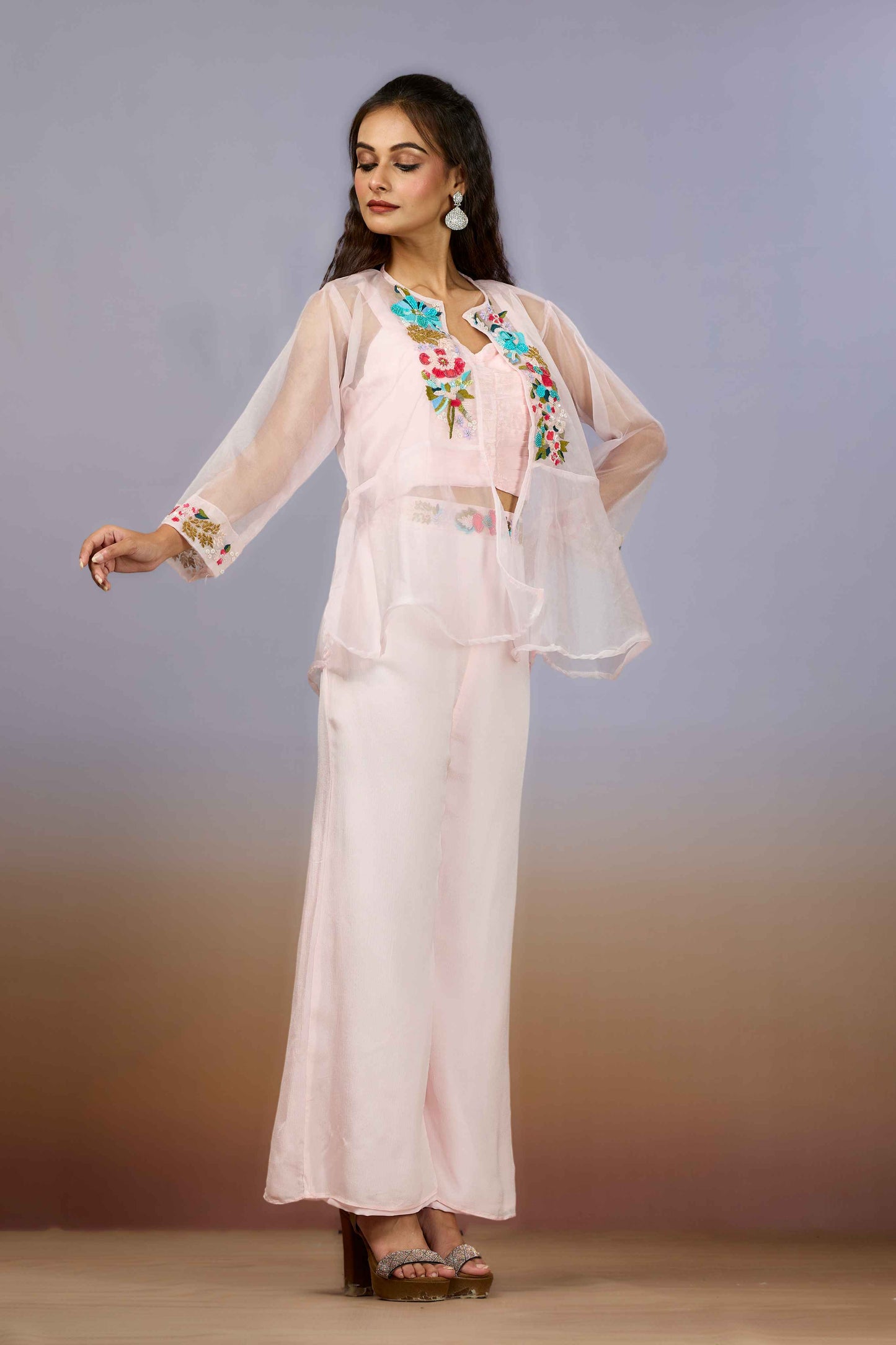 Pink Embroidery Organza Indo Western 1014-10085