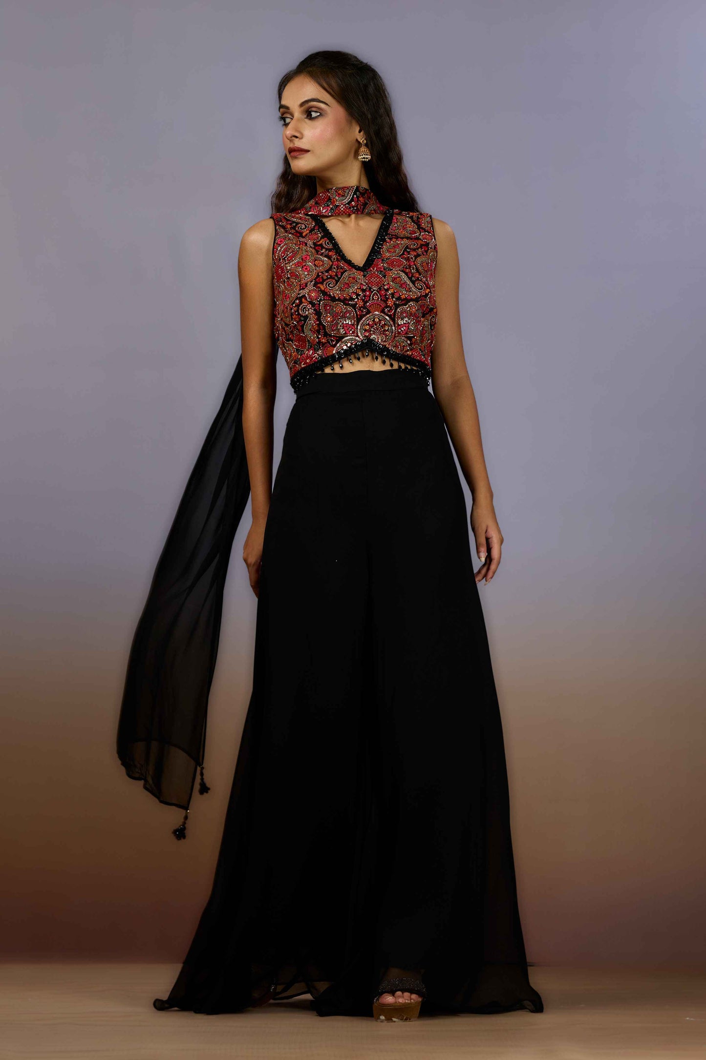 Black Embroidery Georgette Indo Western 1023-10111