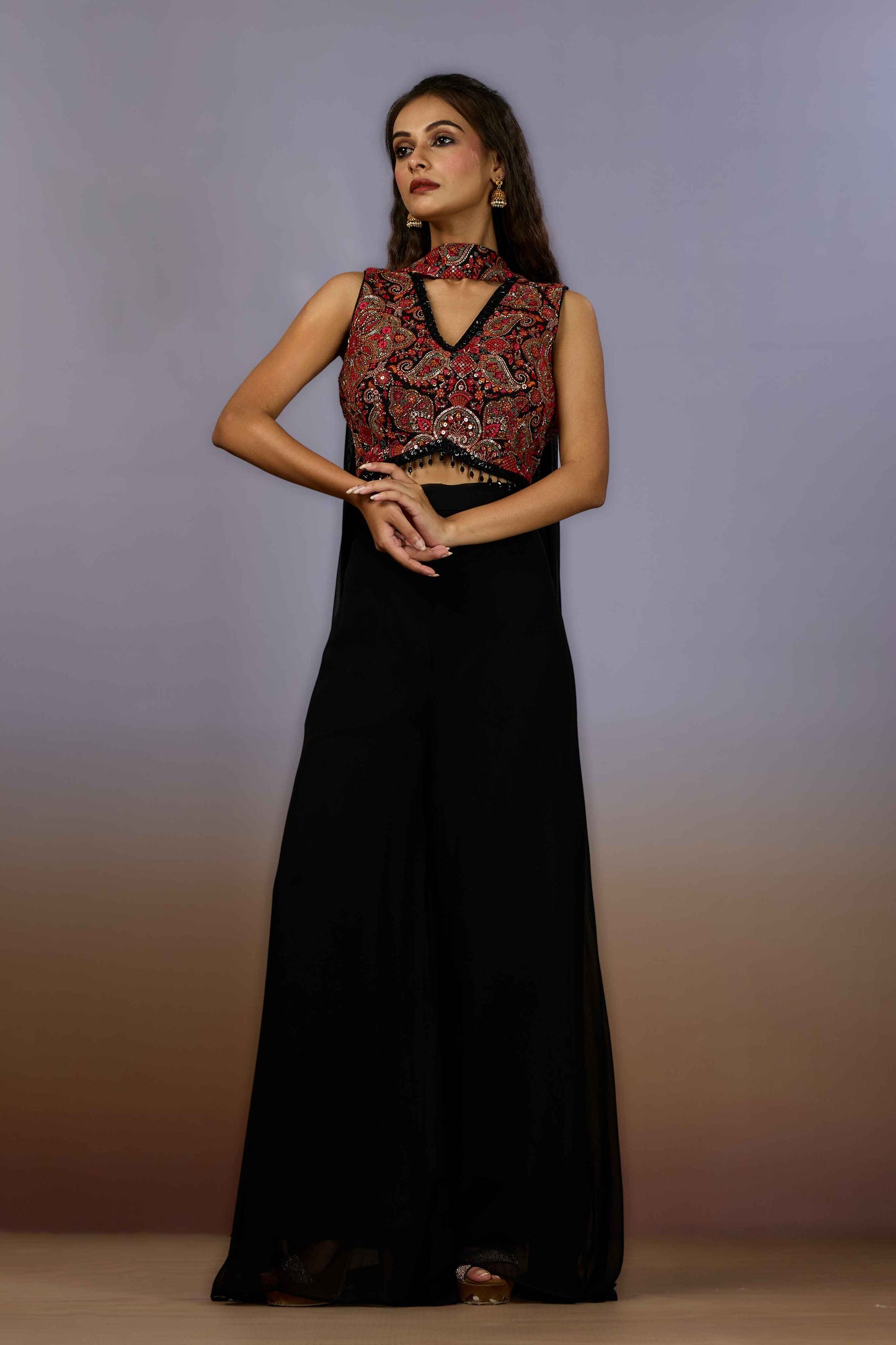 Black Embroidery Georgette Indo Western 1023-10111