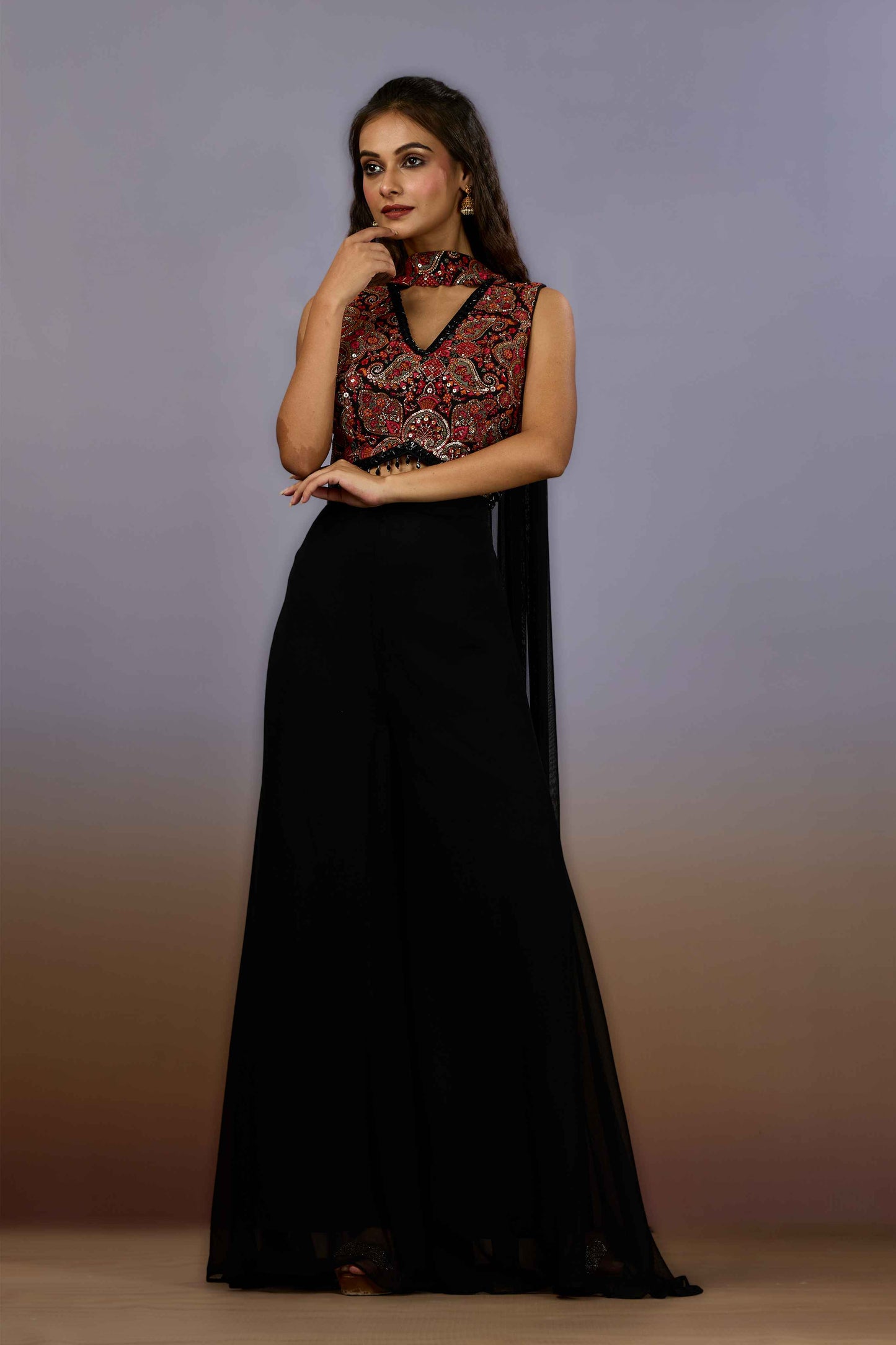 Black Embroidery Georgette Indo Western 1023-10111