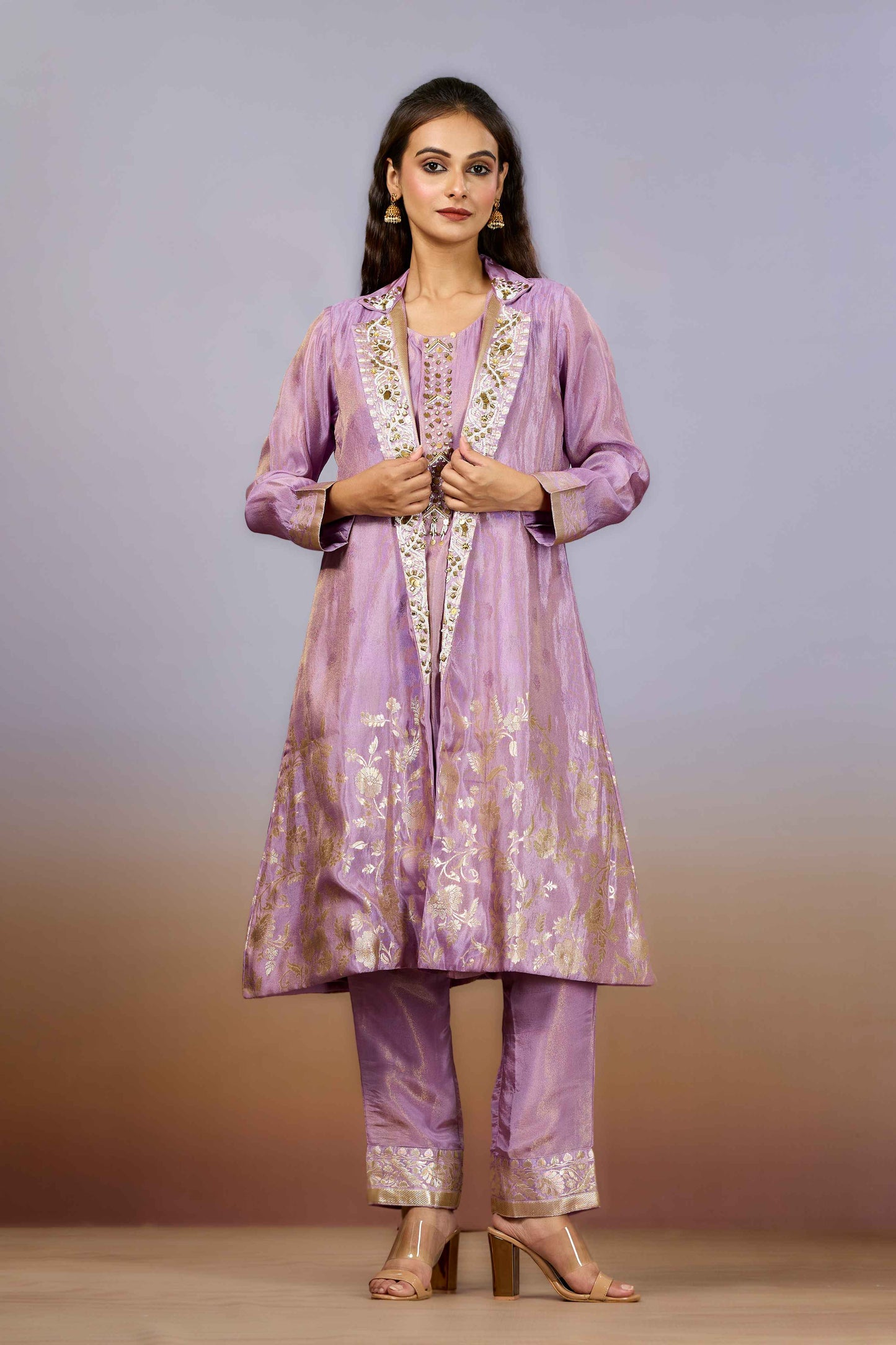 Lilac Pearlwork Tissue Indo Western 1026-10105