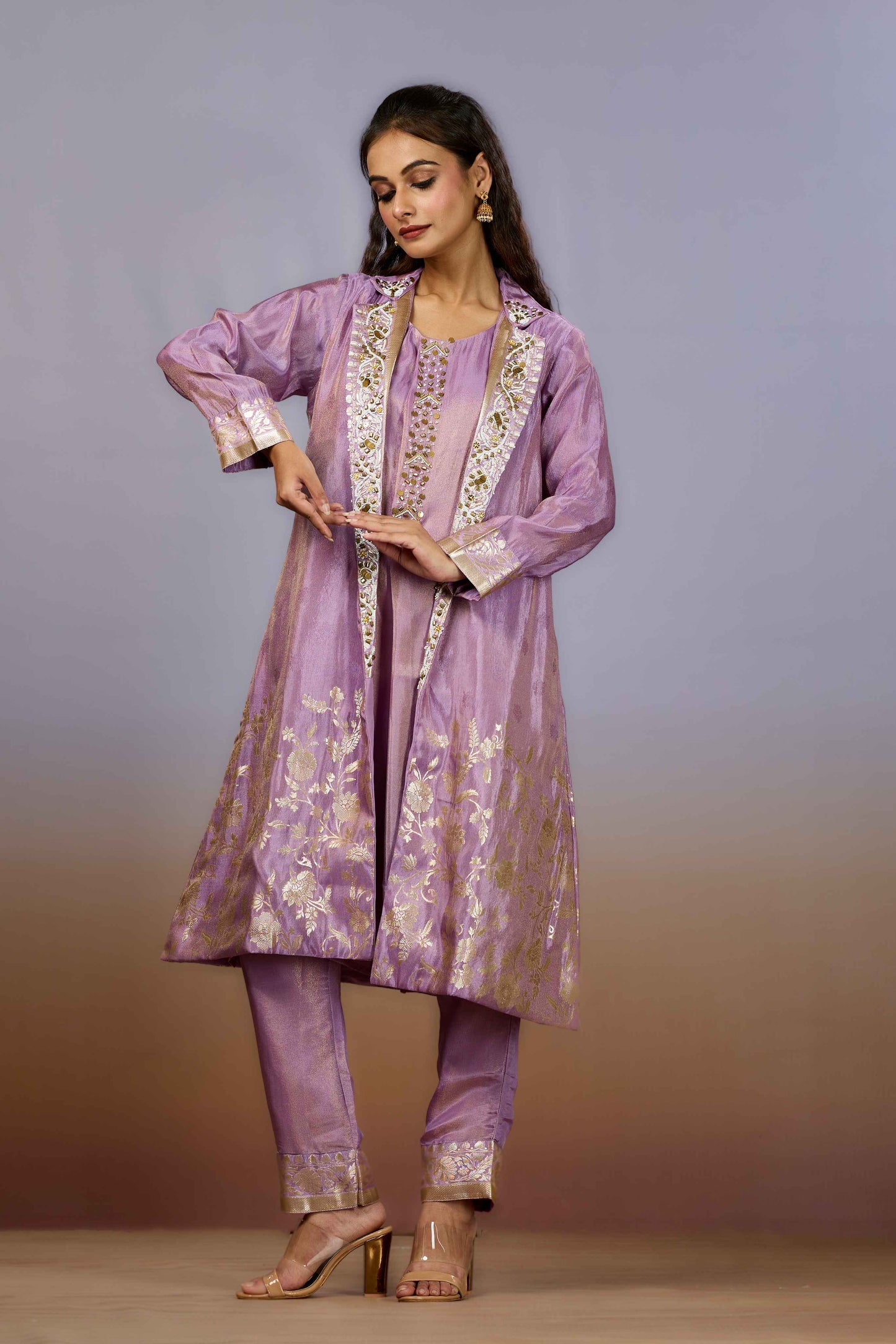 Lilac Pearlwork Tissue Indo Western 1026-10105