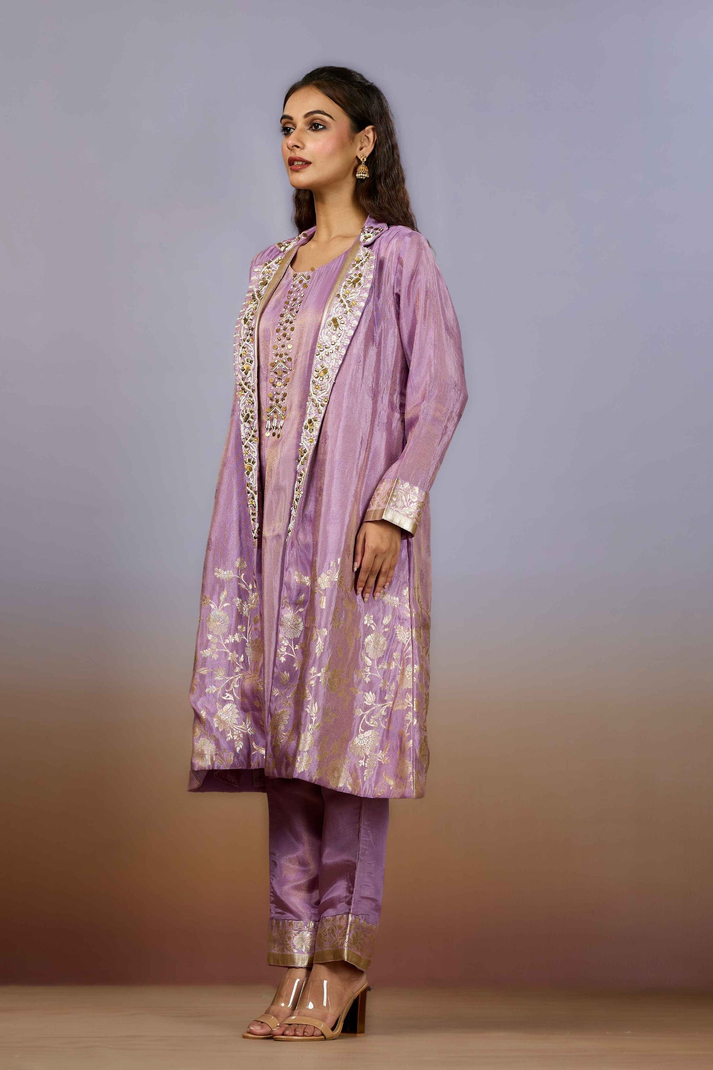 Lilac Pearlwork Tissue Indo Western 1026-10105