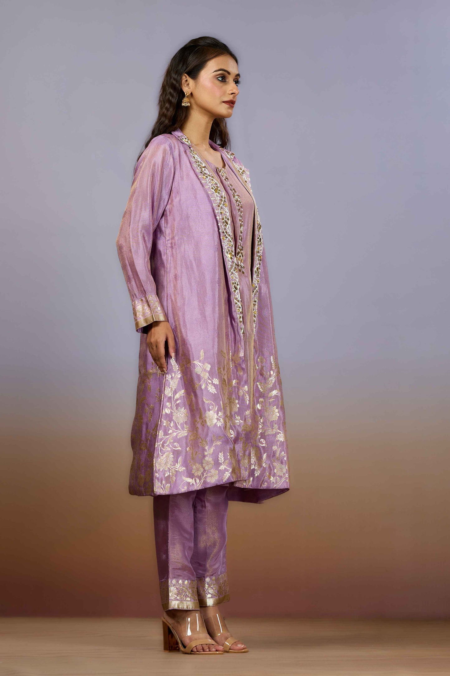 Lilac Pearlwork Tissue Indo Western 1026-10105