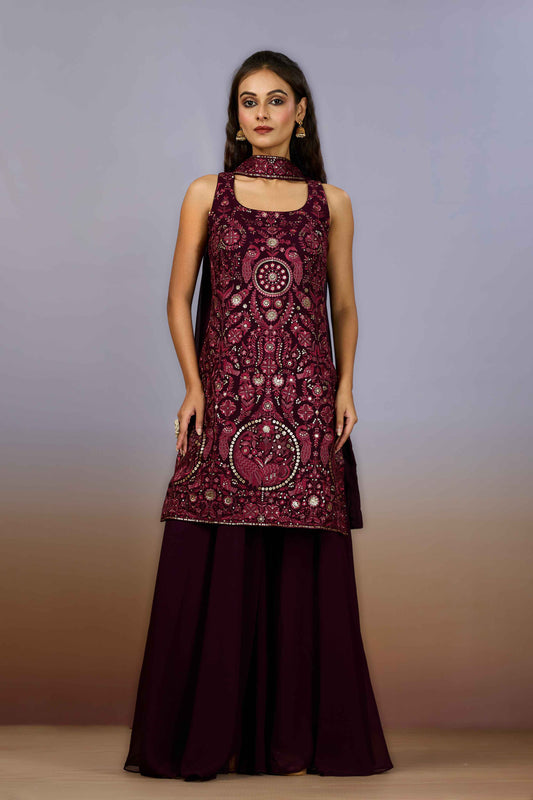 Wine Embroidery Georgette Indo Western 1006-10107