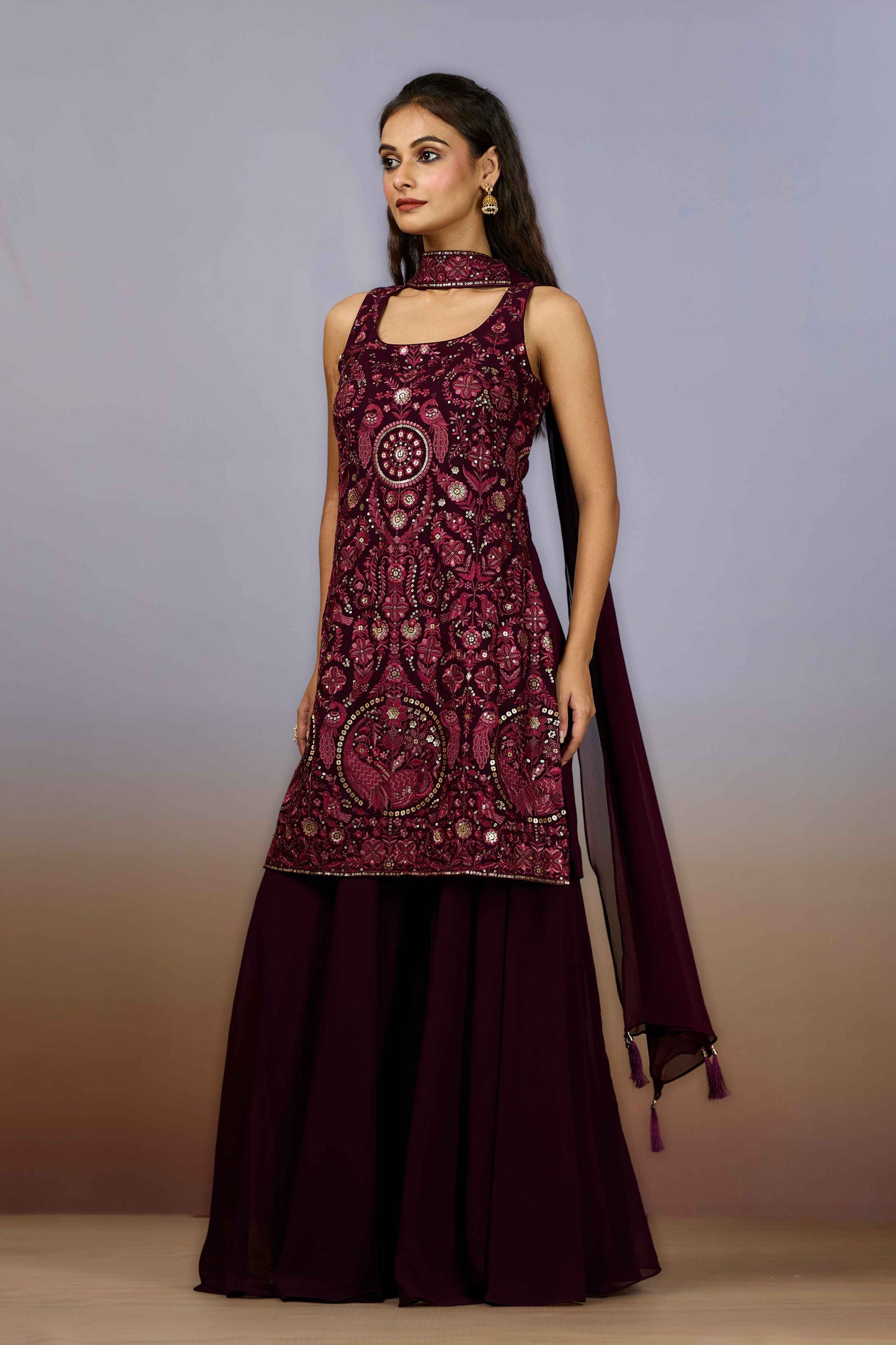 Wine Embroidery Georgette Indo Western 1006-10107