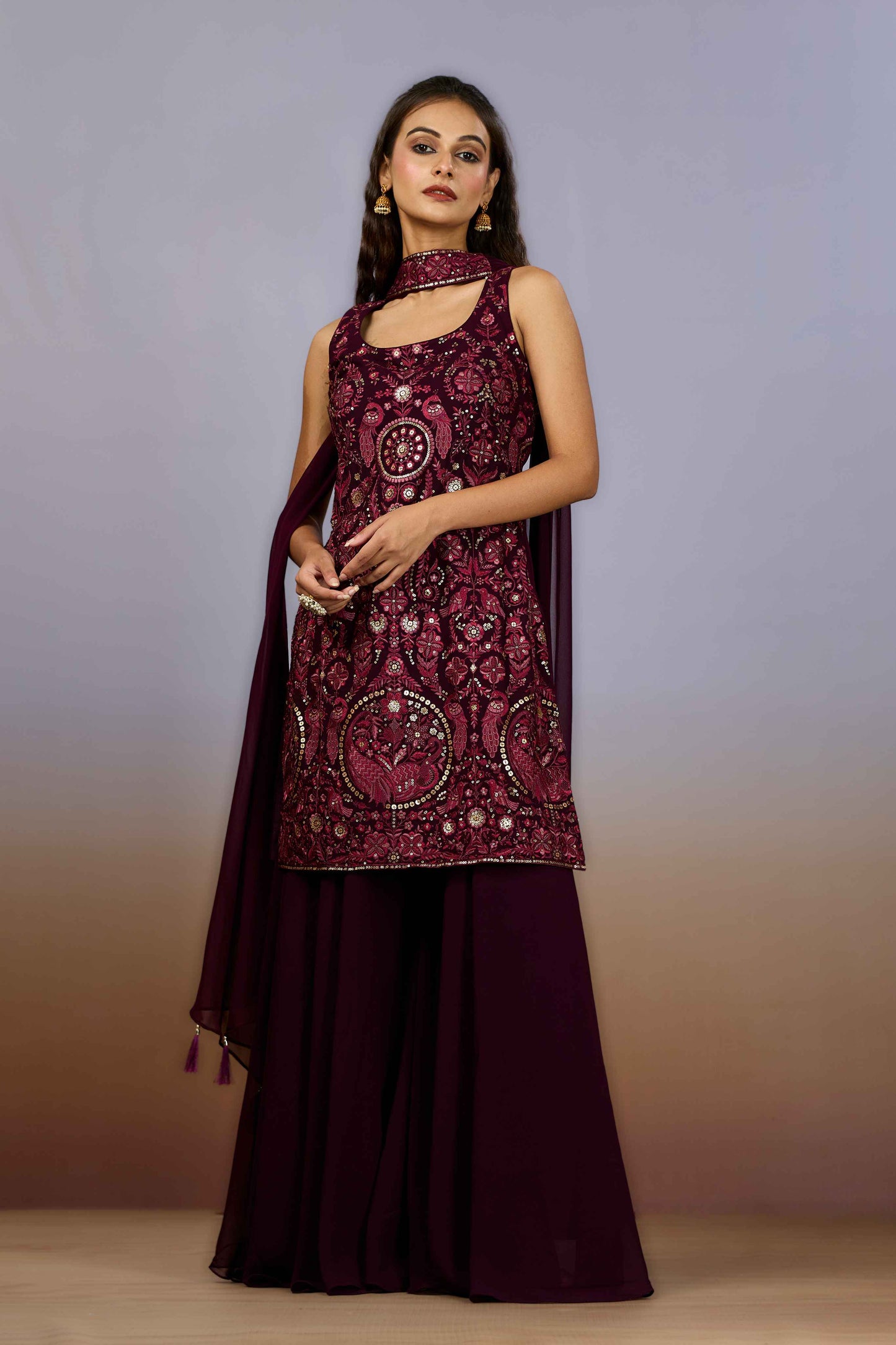 Wine Embroidery Georgette Indo Western 1006-10107