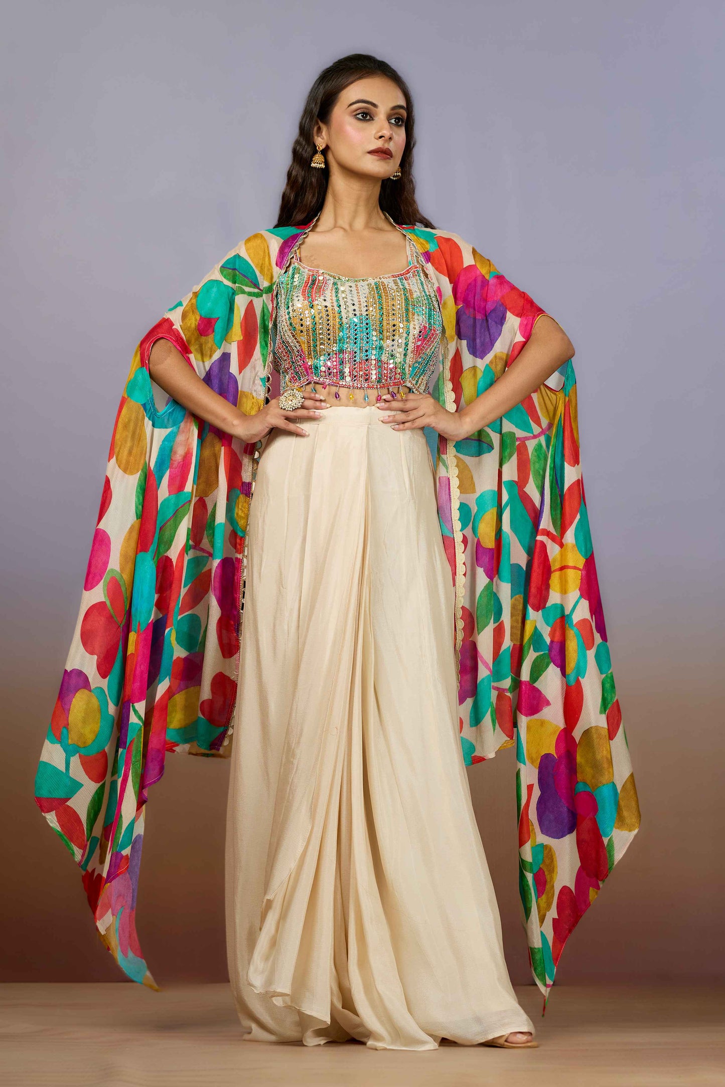 Cream Pearlwork Chinon Indo Western 1017-10096