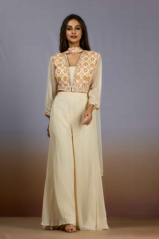 Cream Embroidery Georgette Indo Western 1017-10110