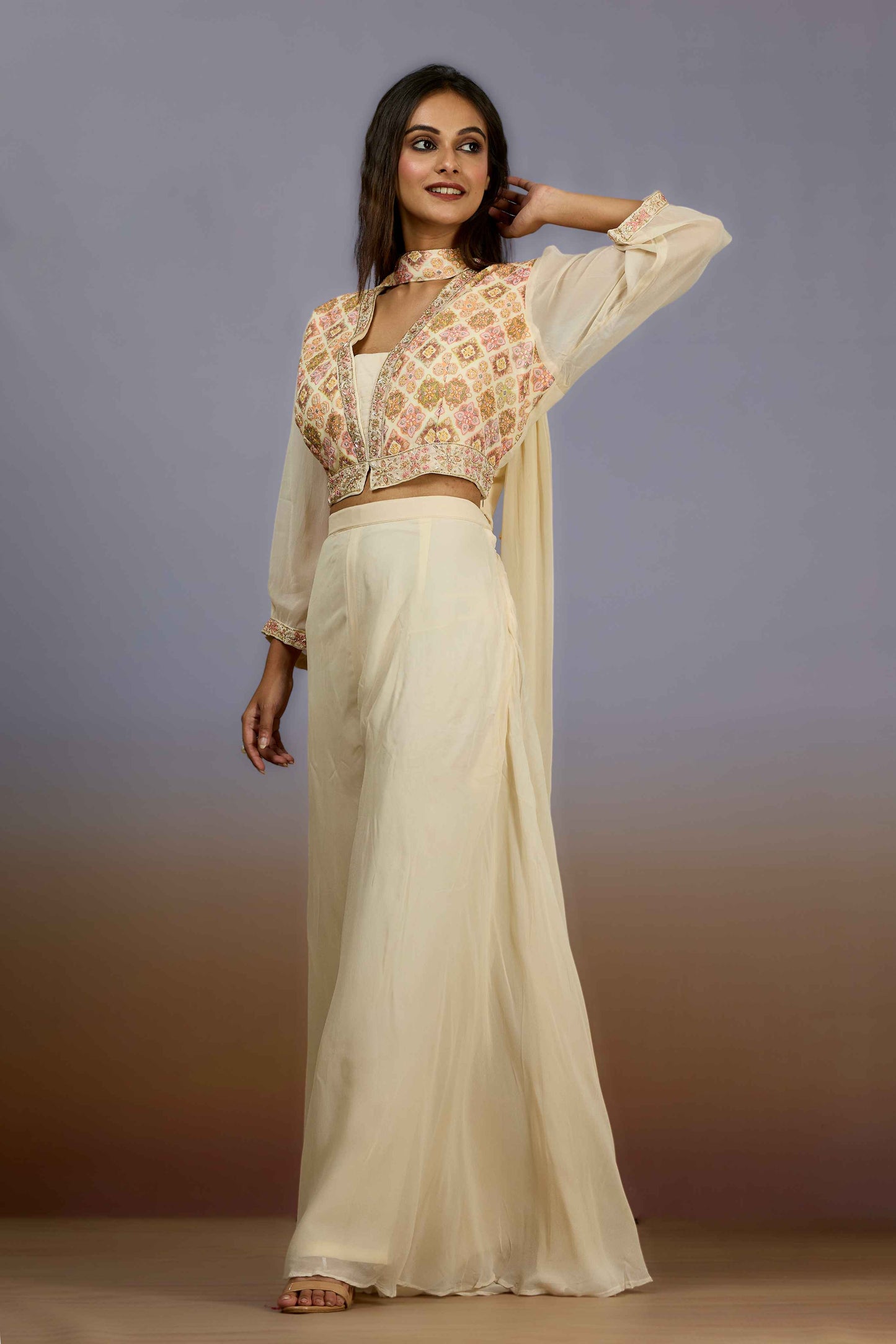 Cream Embroidery Georgette Indo Western 1017-10110