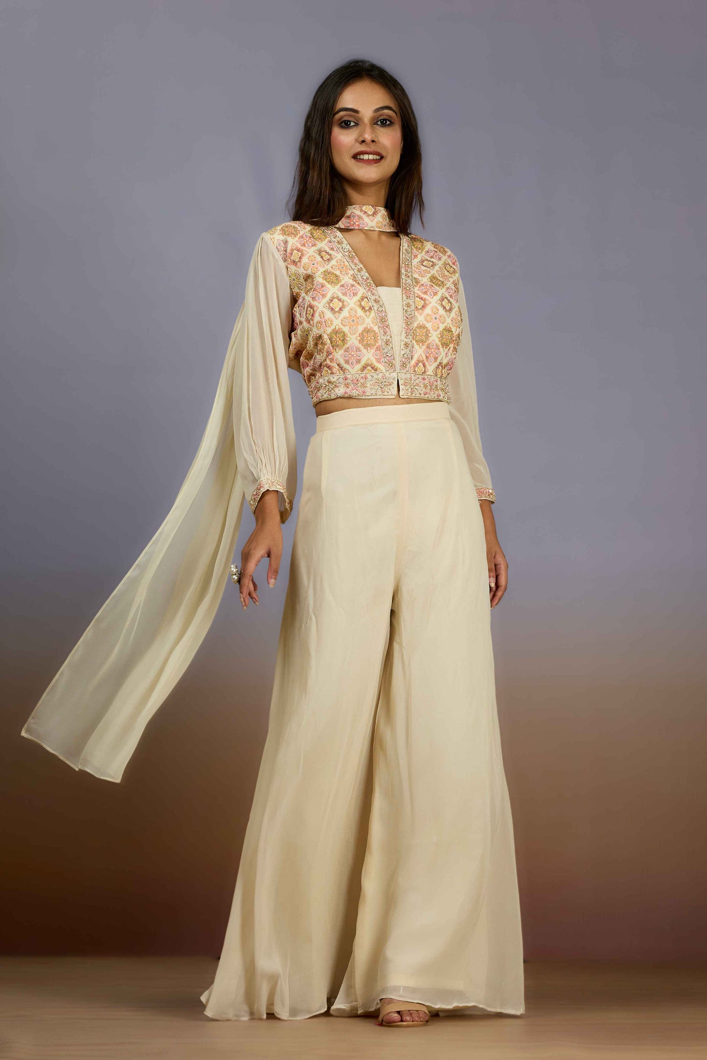 Cream Embroidery Georgette Indo Western 1017-10110
