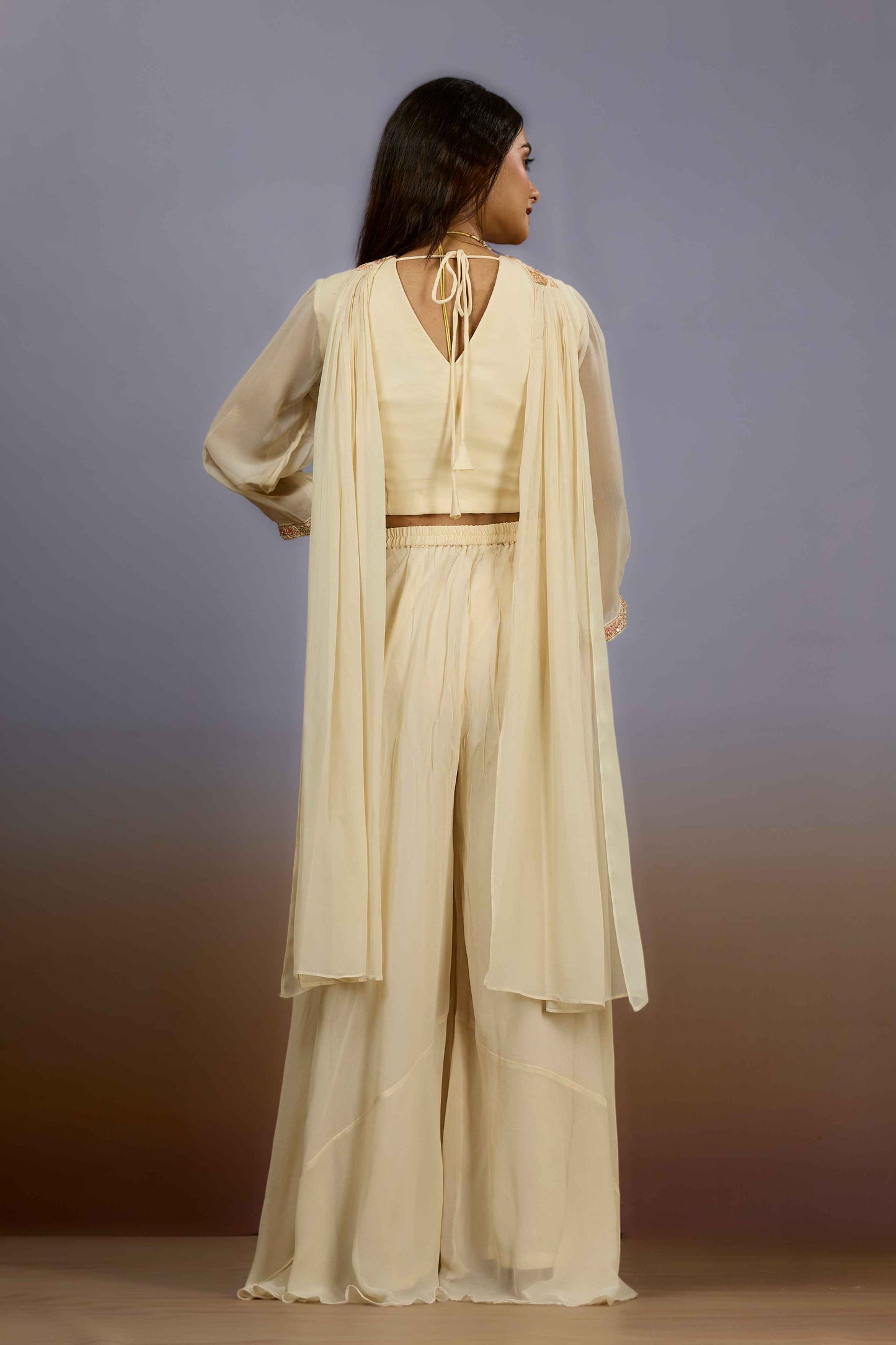 Cream Embroidery Georgette Indo Western 1017-10110