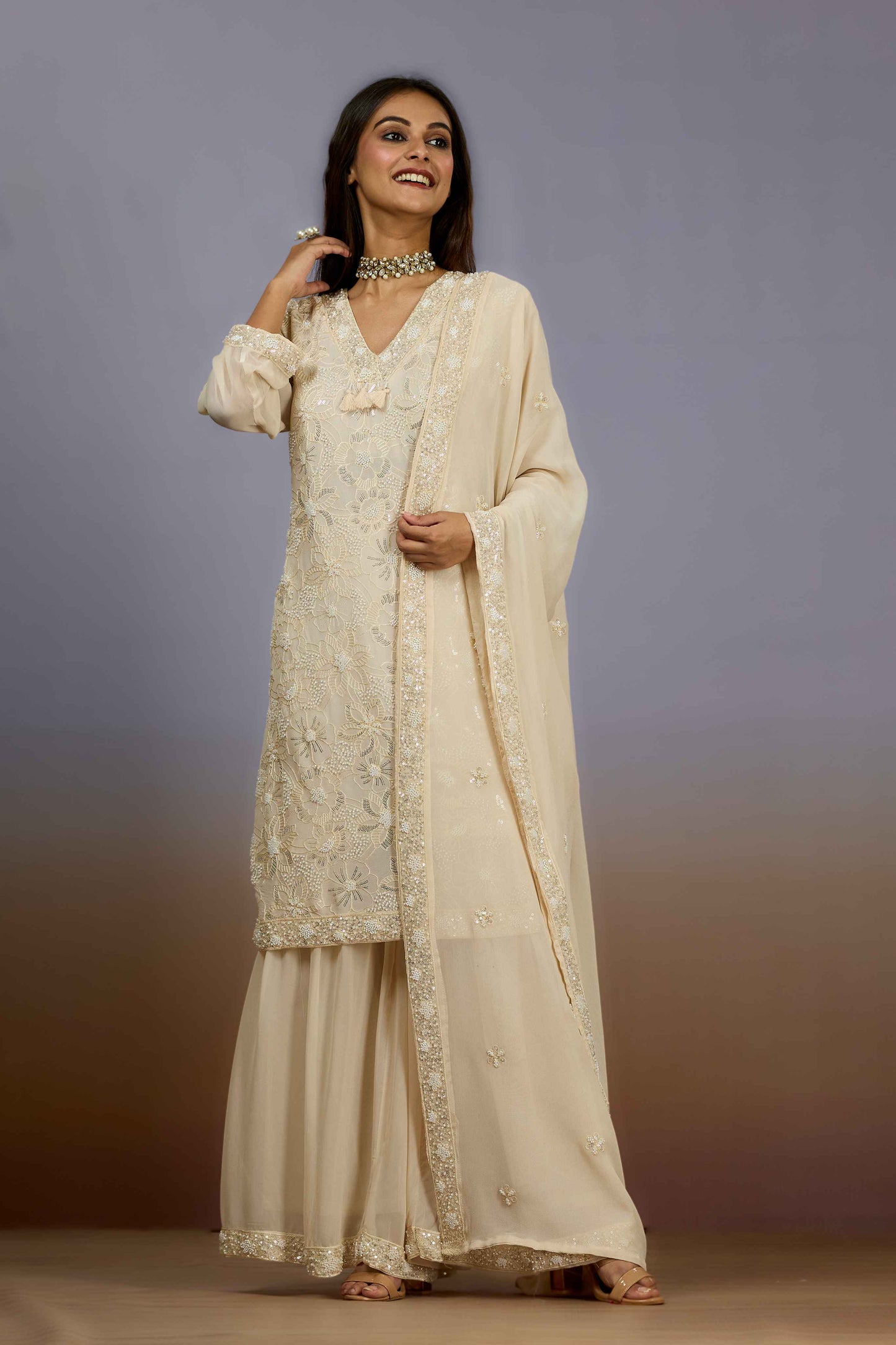 Cream Cut Dana Georgette Indo Western 1026-10116