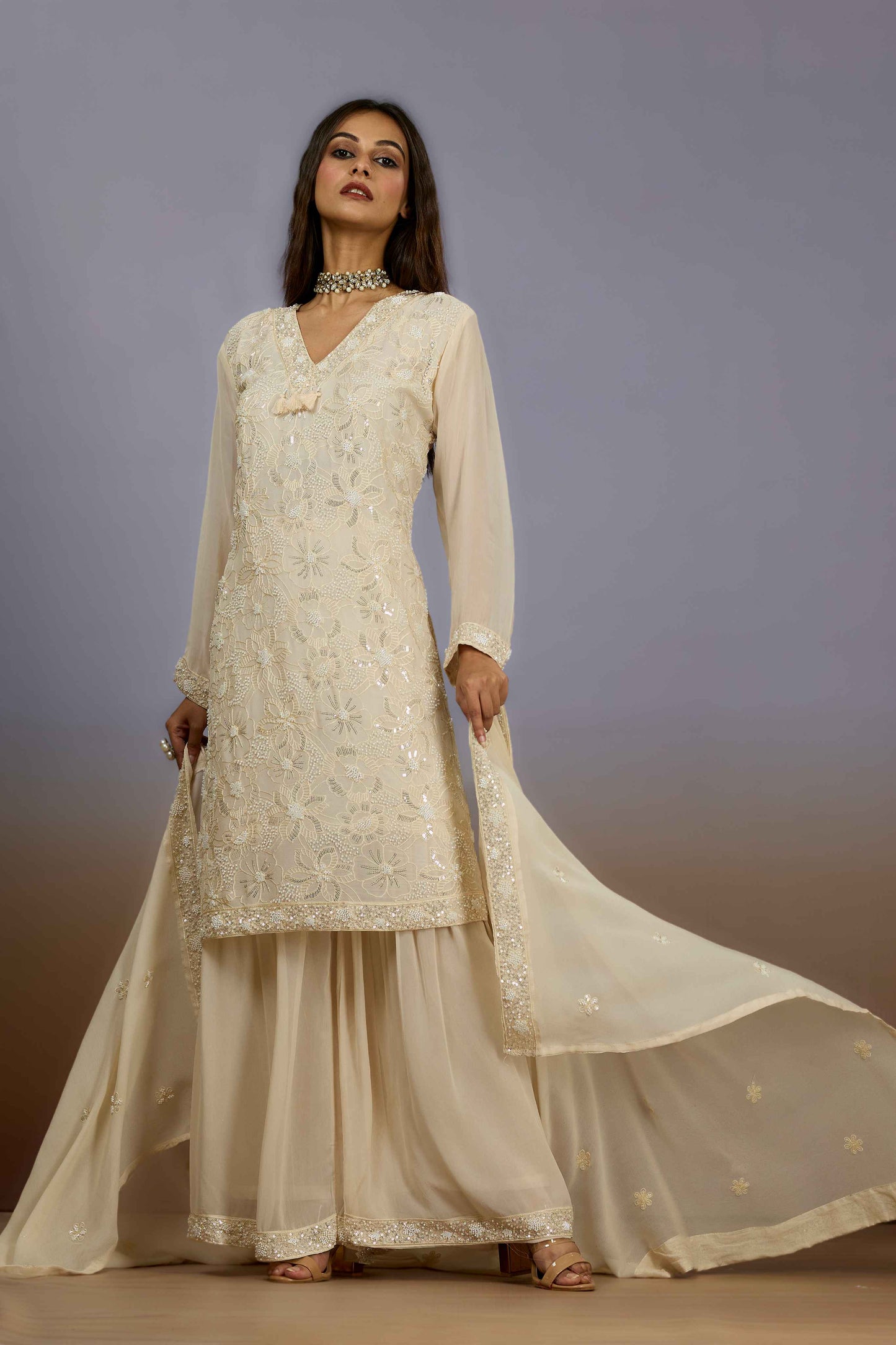 Cream Cut Dana Georgette Indo Western 1026-10116