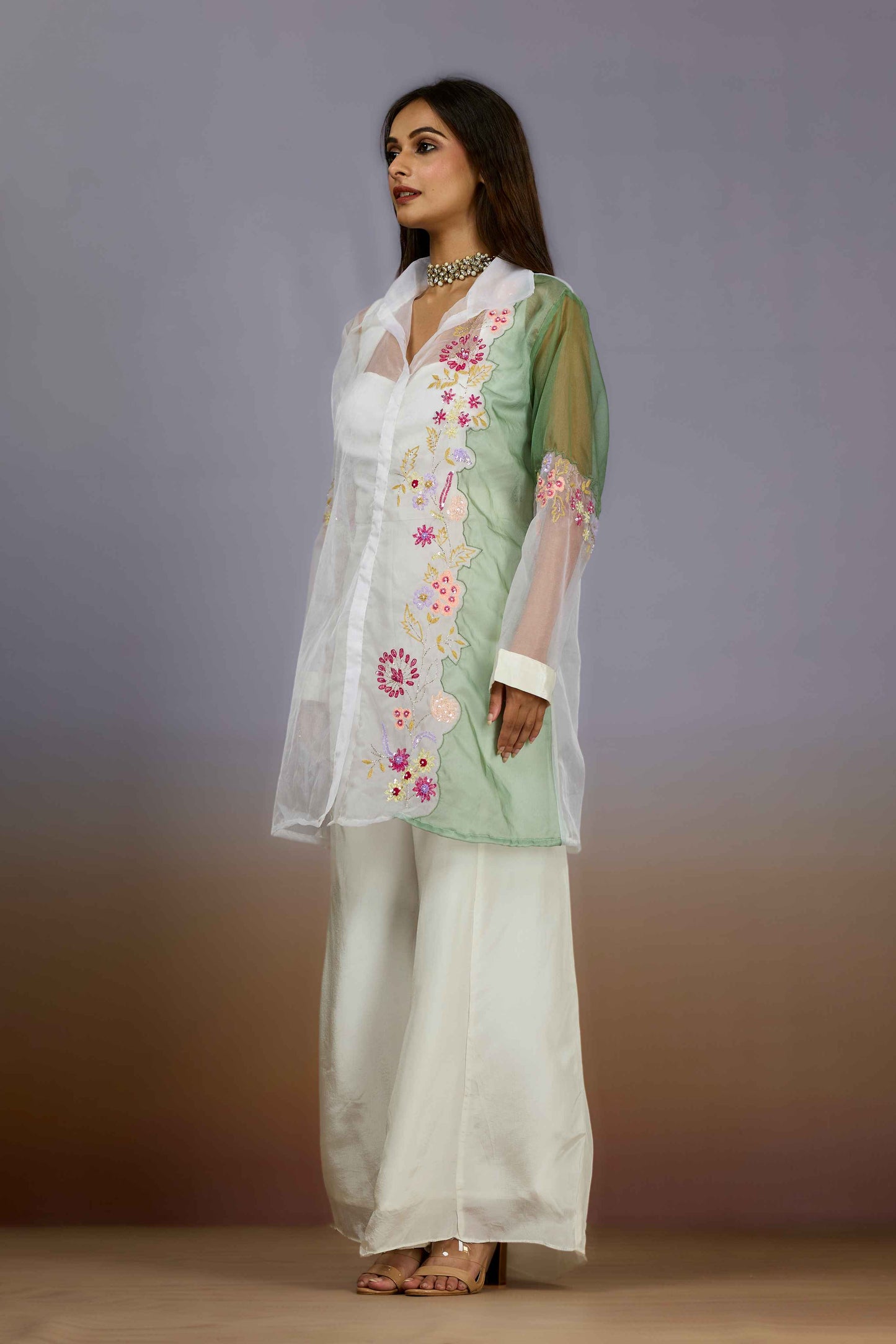 White Green Sequins HO silk Indo Western 1014-10088