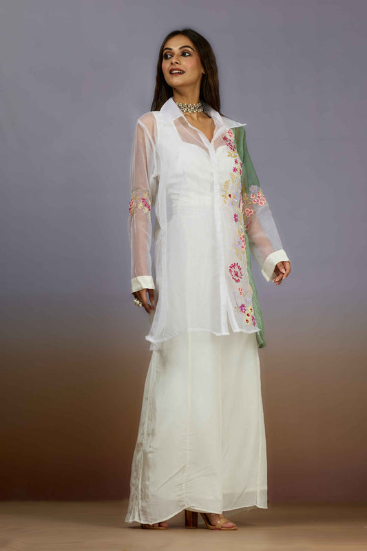 White Green Sequins HO silk Indo Western 1014-10088