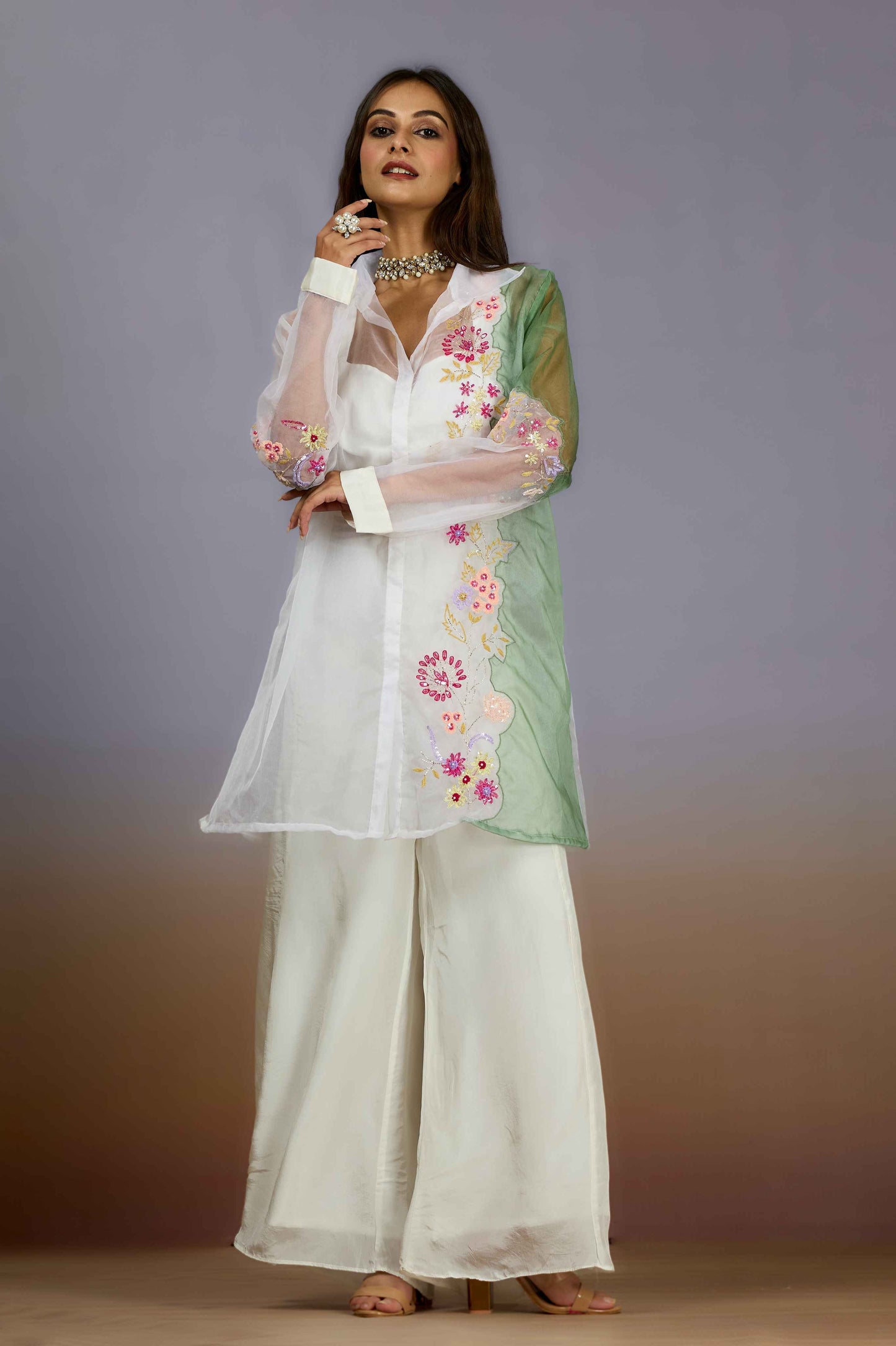White Green Sequins HO silk Indo Western 1014-10088