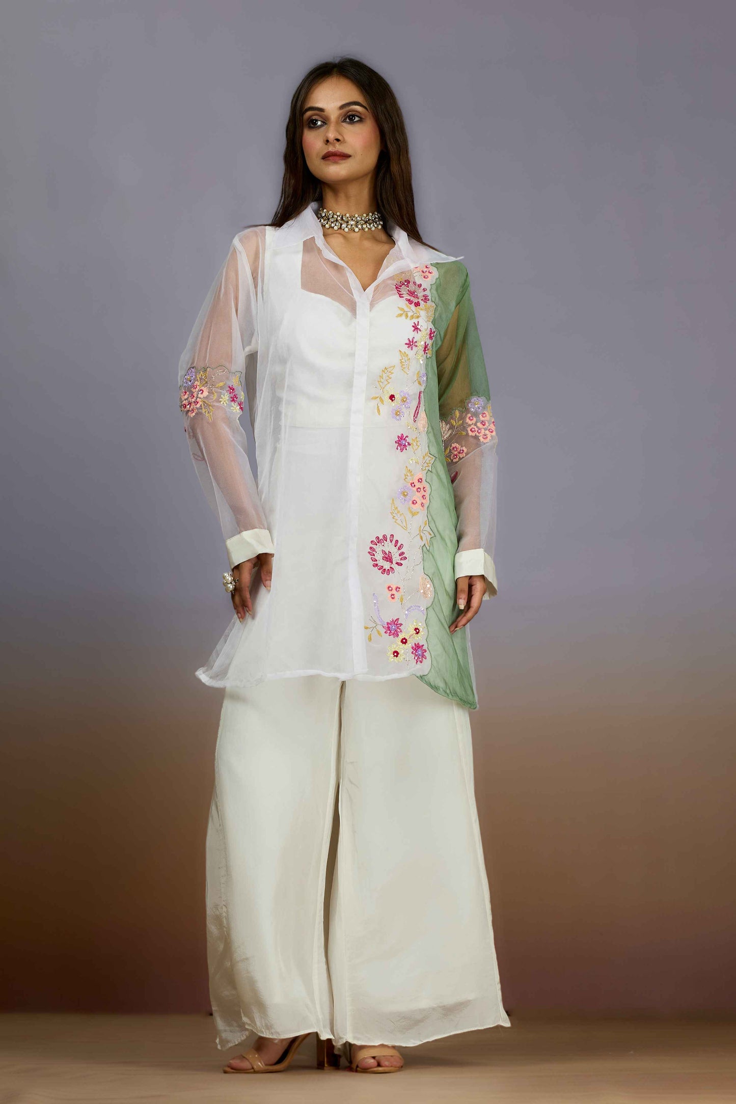 White Green Sequins HO silk Indo Western 1014-10088