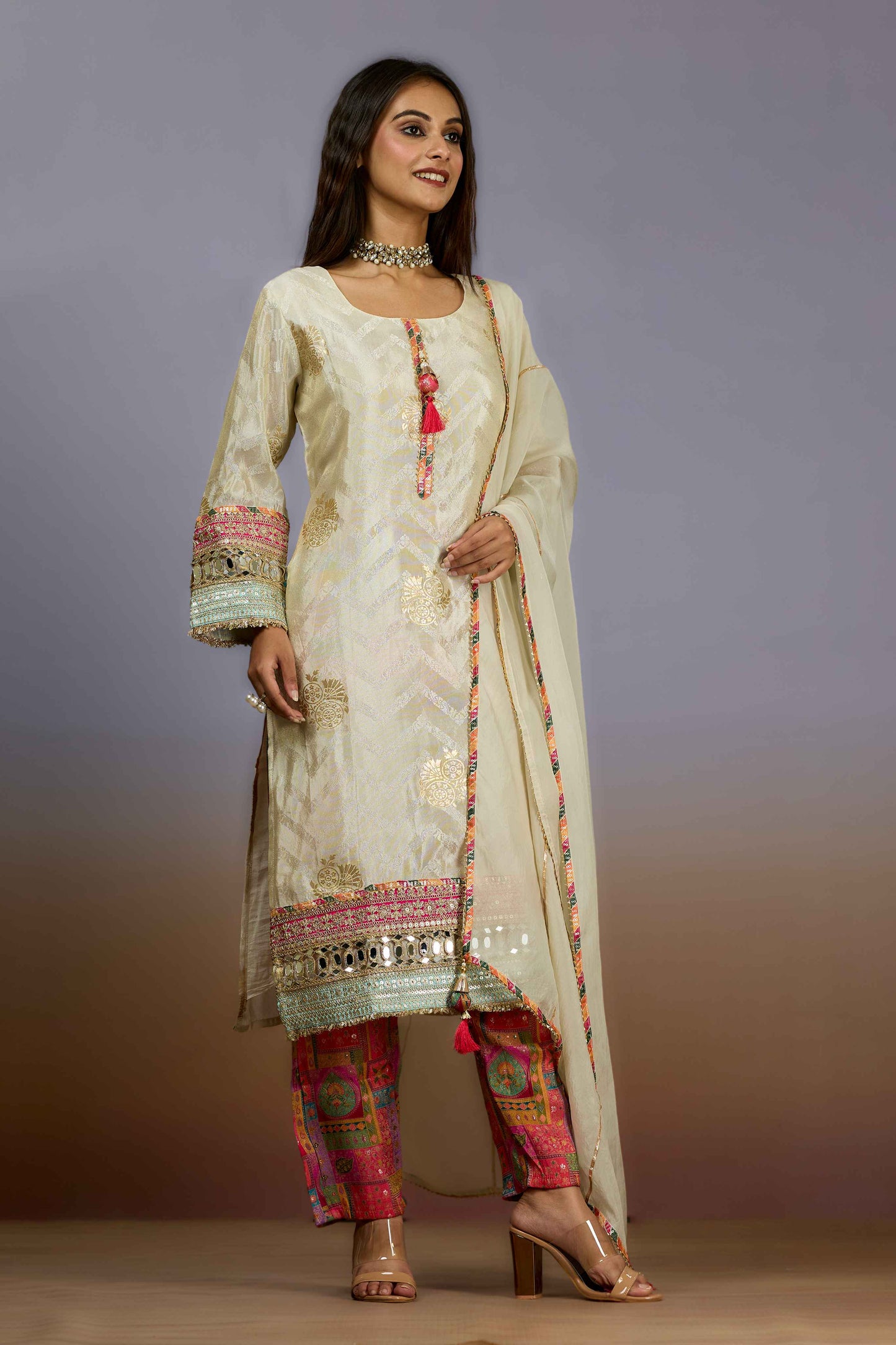 Cream Printed Tissue Salwar Suits 1019-10106