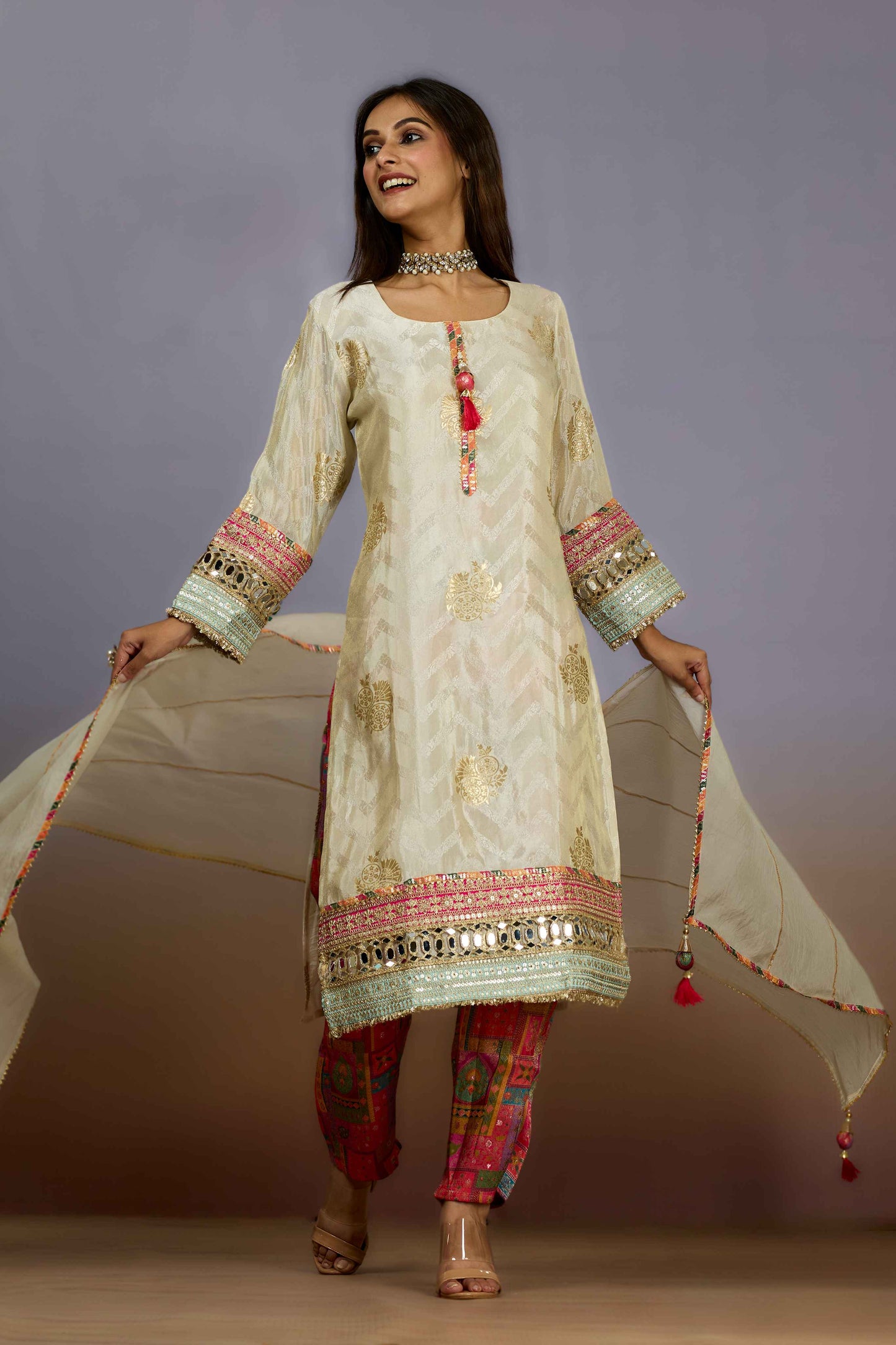Cream Printed Tissue Salwar Suits 1019-10106