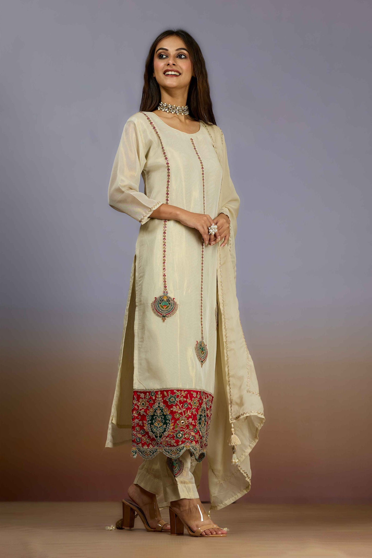 Cream Zariwork Tissue Salwar Suits 1019-10112