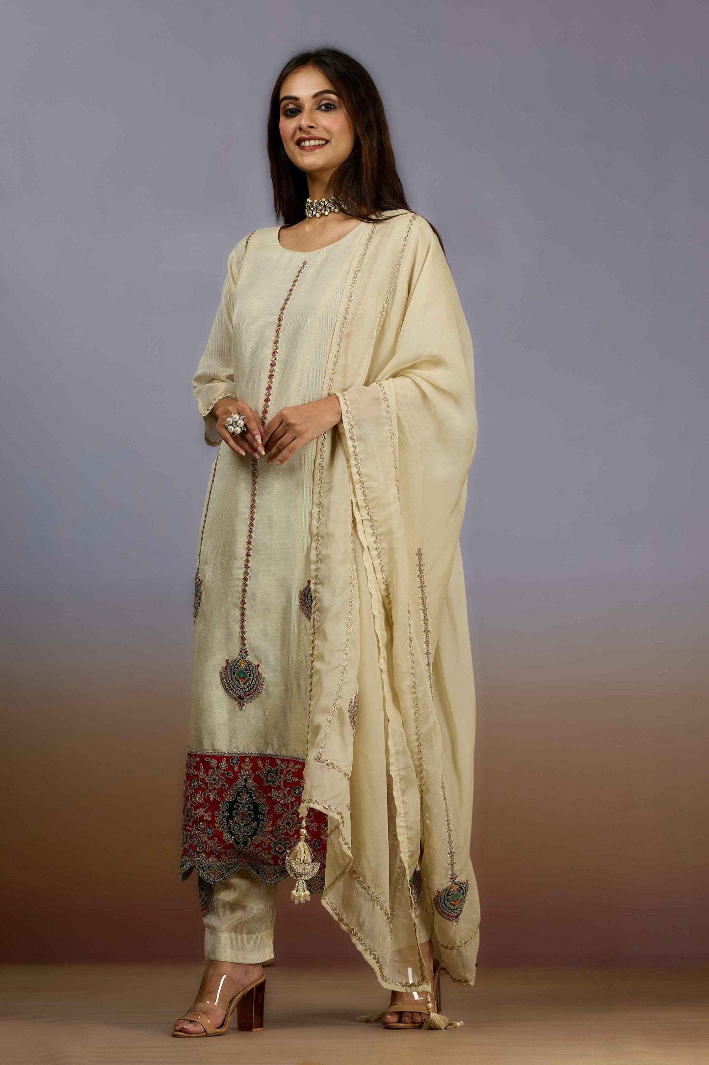 Cream Zariwork Tissue Salwar Suits 1019-10112