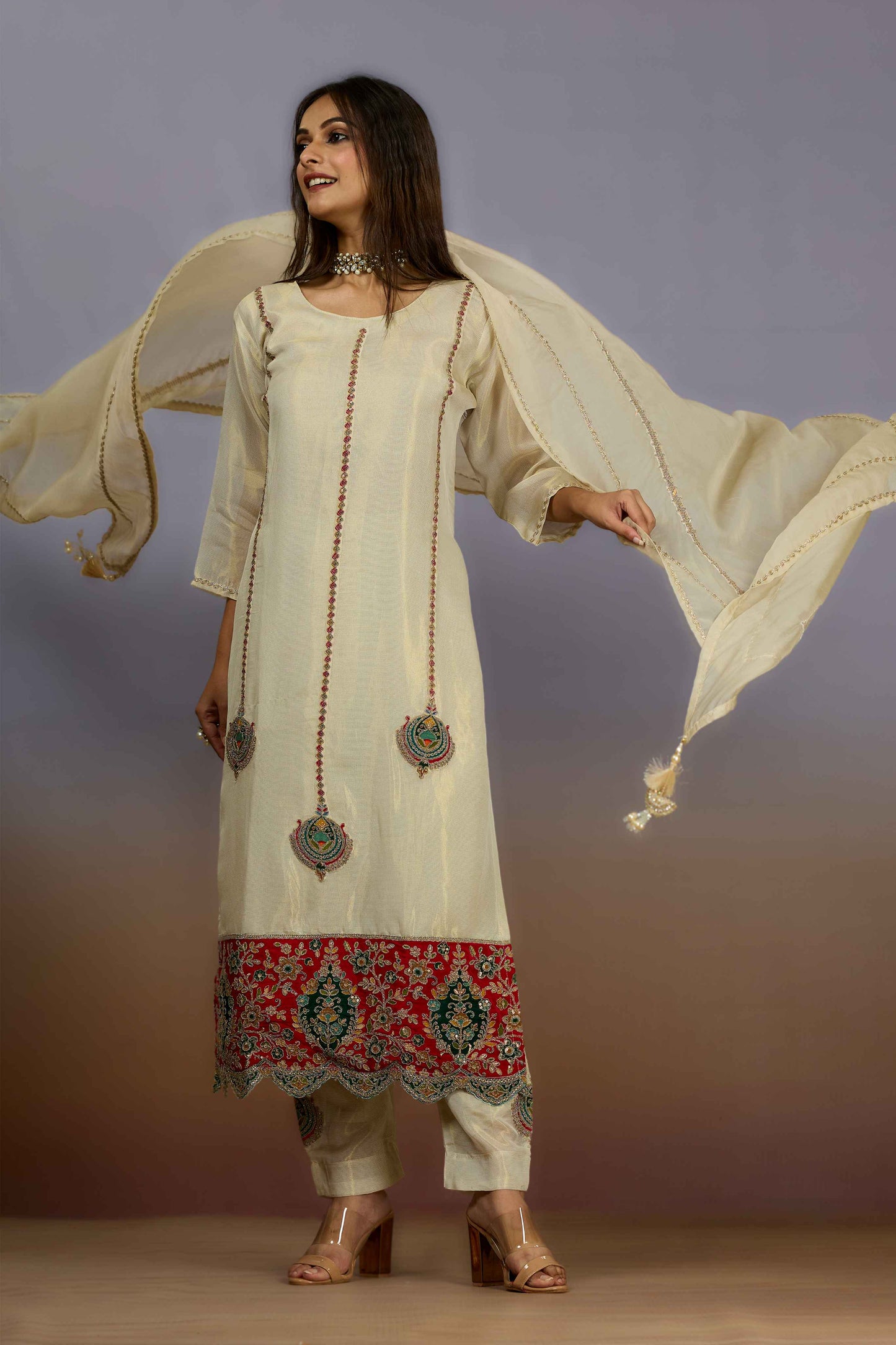 Cream Zariwork Tissue Salwar Suits 1019-10112