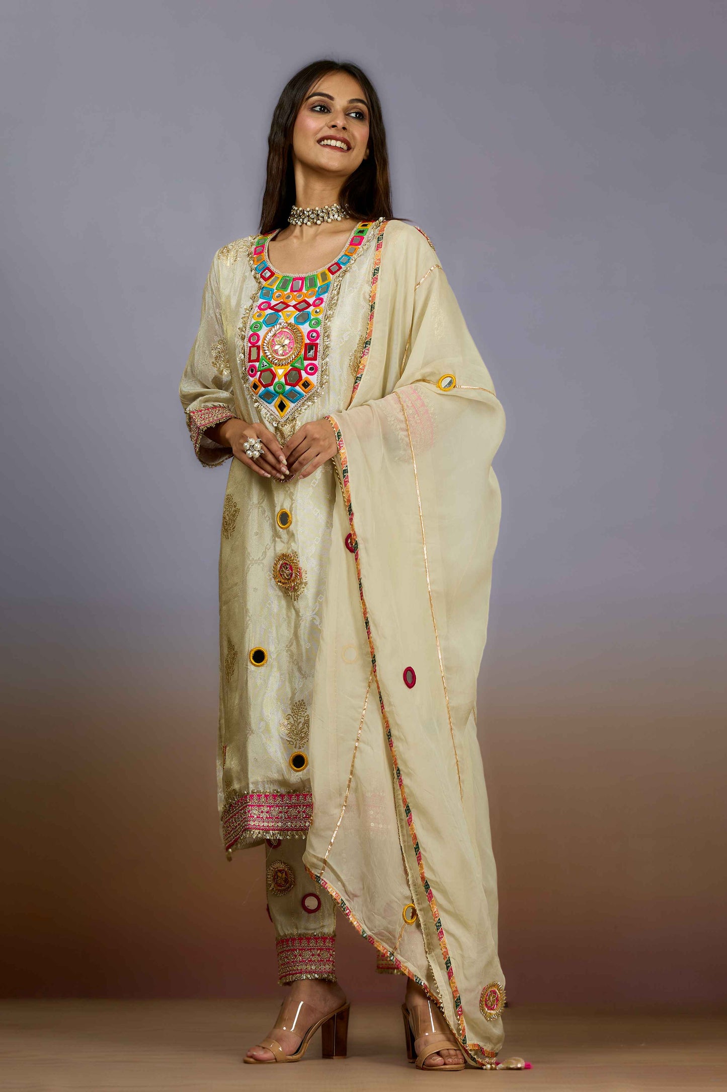 Cream mirrorwork Tissue Salwar Suits 1019-10102