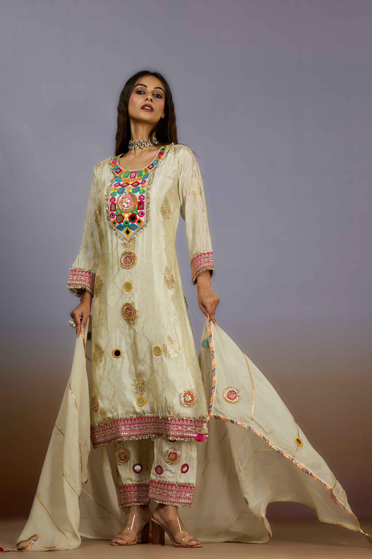 Cream mirrorwork Tissue Salwar Suits 1019-10102