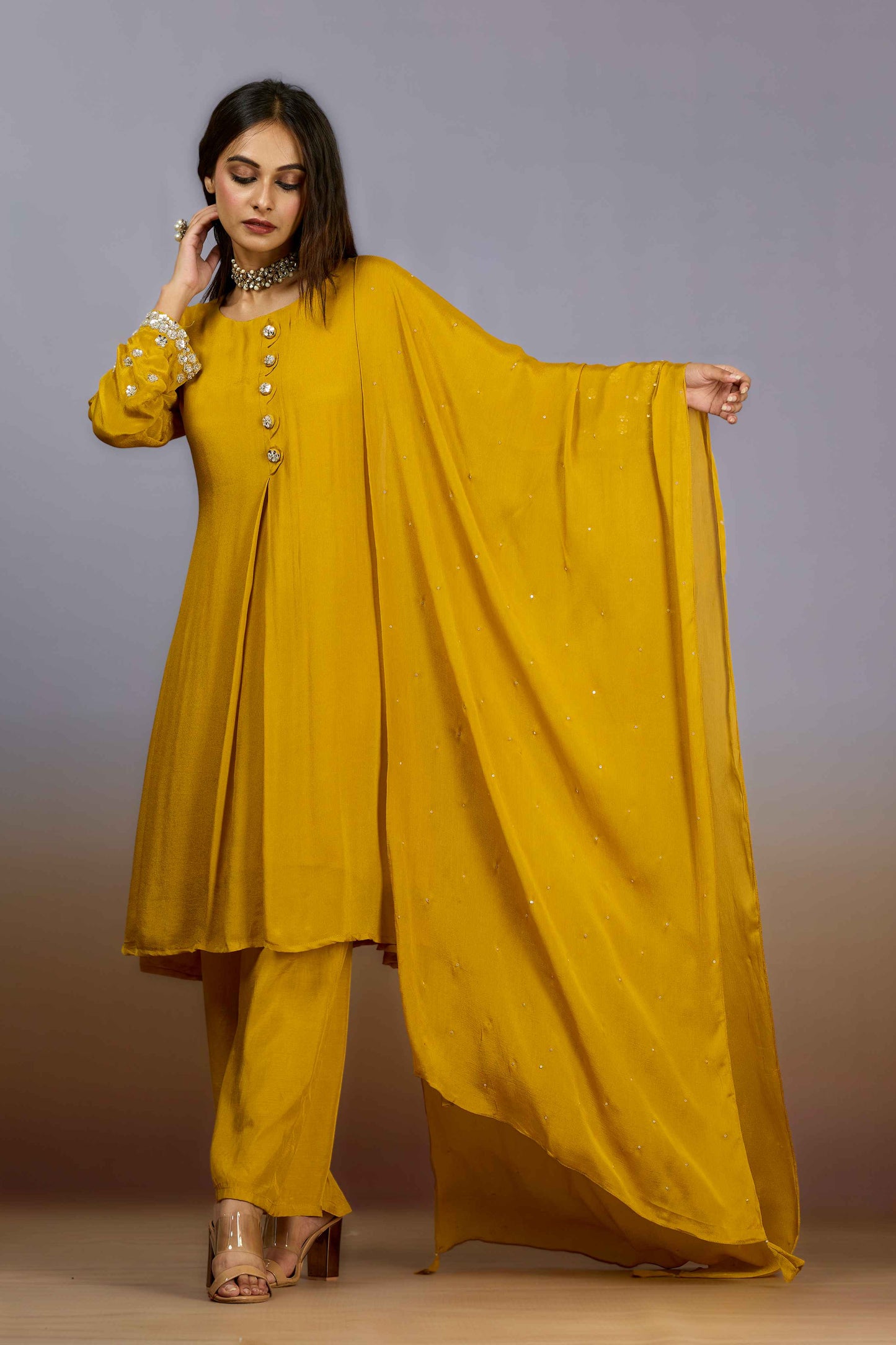 Yellow Cut Dana Chinon Salwar Suits 1018-10083