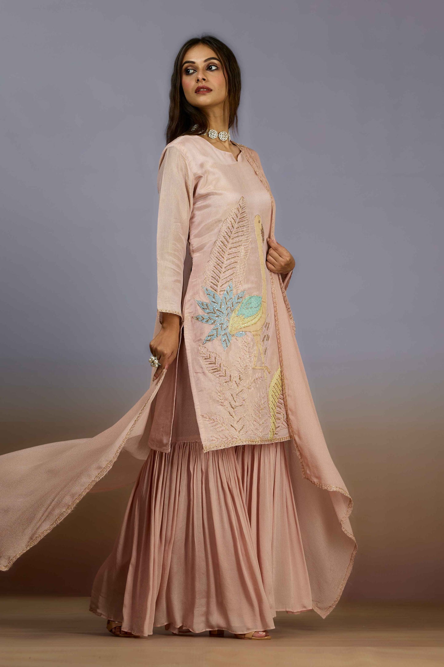 Peach Pearlwork Chinon Indo Western 1018-10079