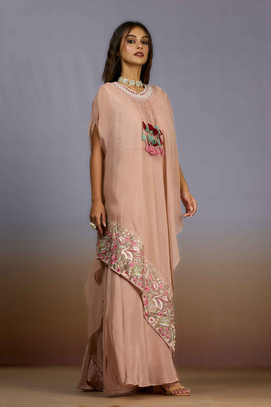 Peach Pearlwork Crepe Indo Western 1017-10091