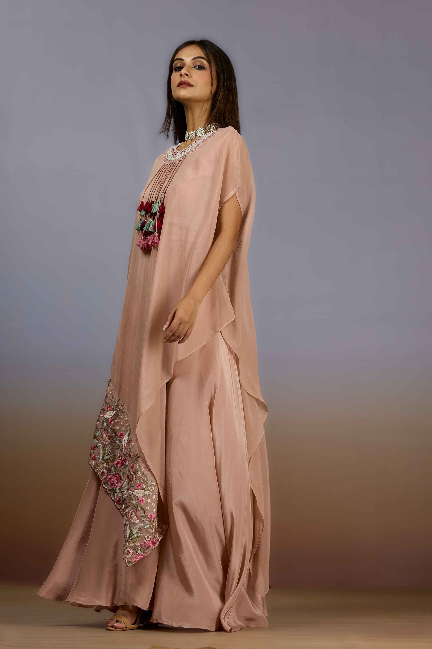 Peach Pearlwork Crepe Indo Western 1017-10091