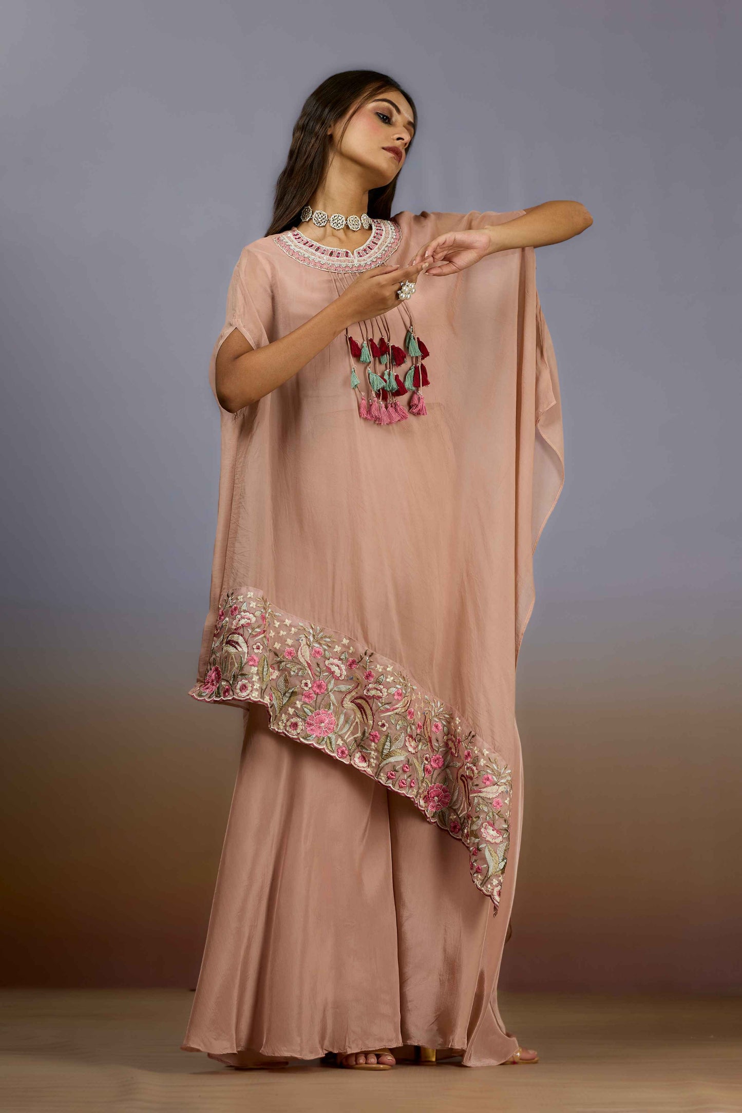 Peach Pearlwork Crepe Indo Western 1017-10091