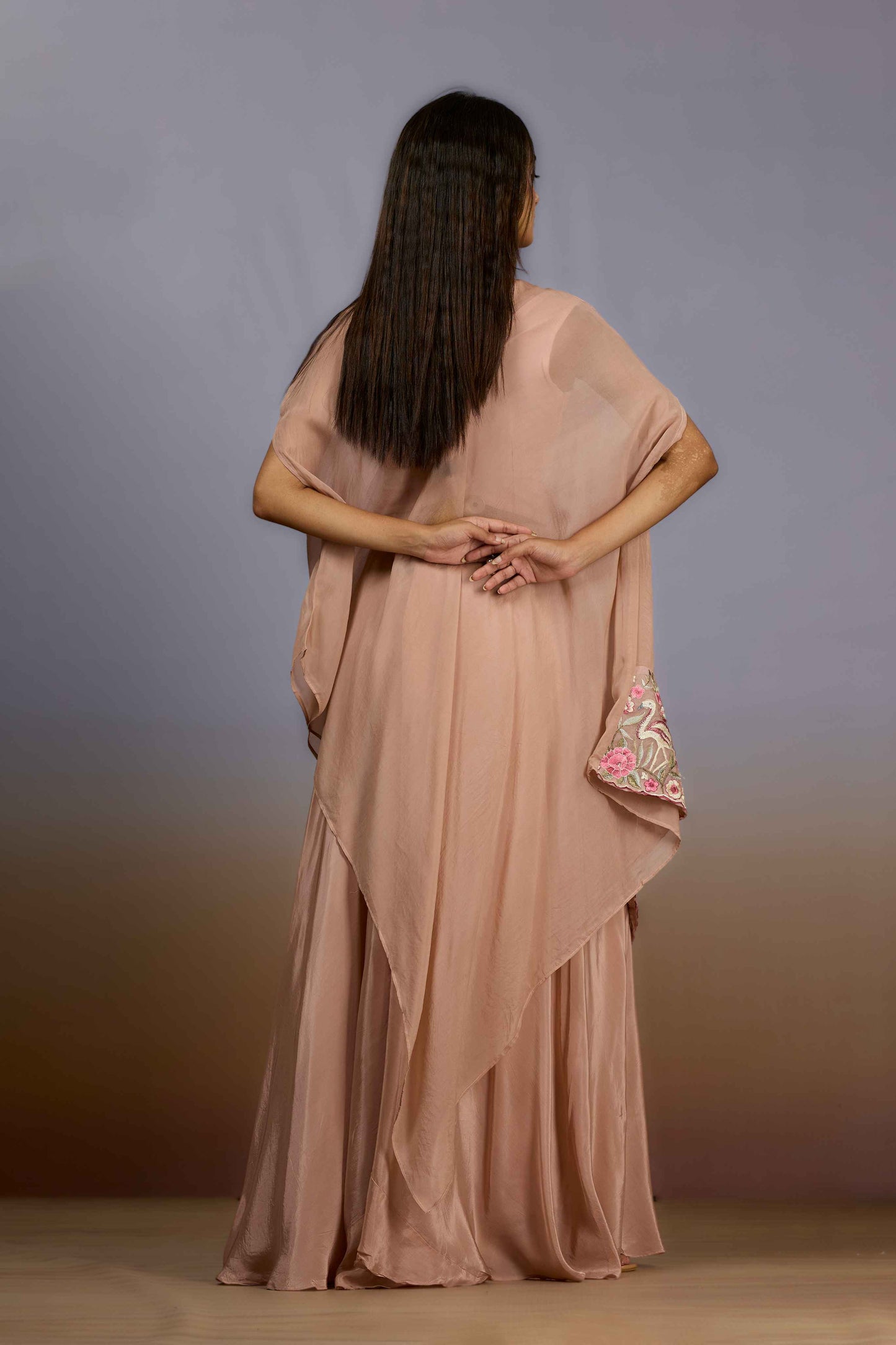 Peach Pearlwork Crepe Indo Western 1017-10091