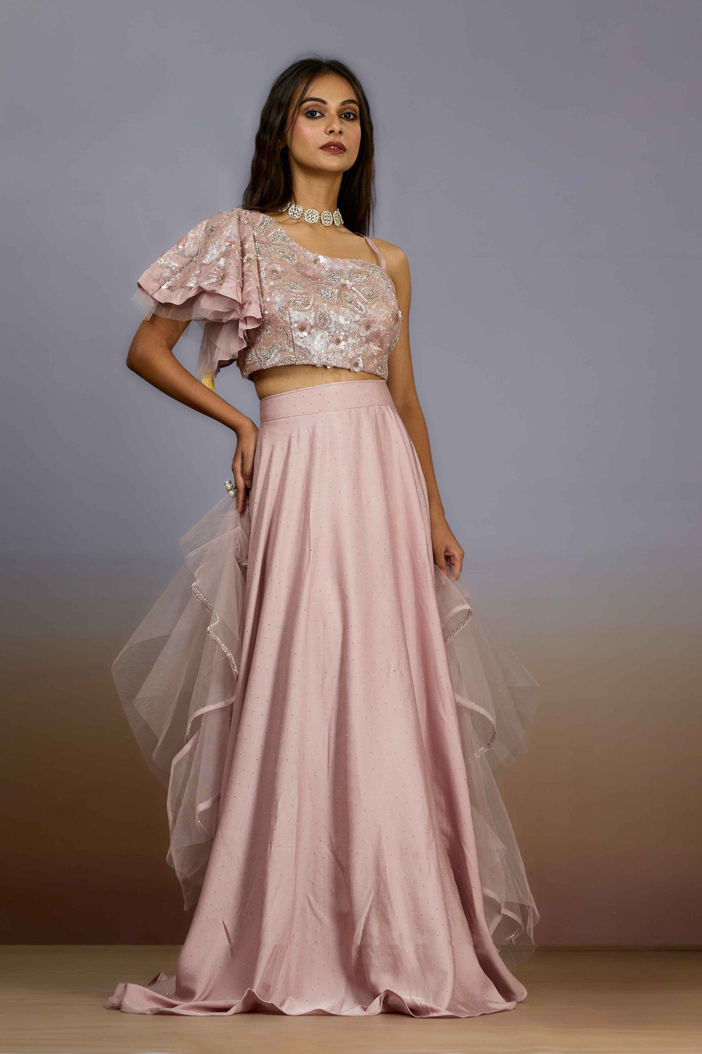 Peach Sequins Crepe Indo Western 1024-10093