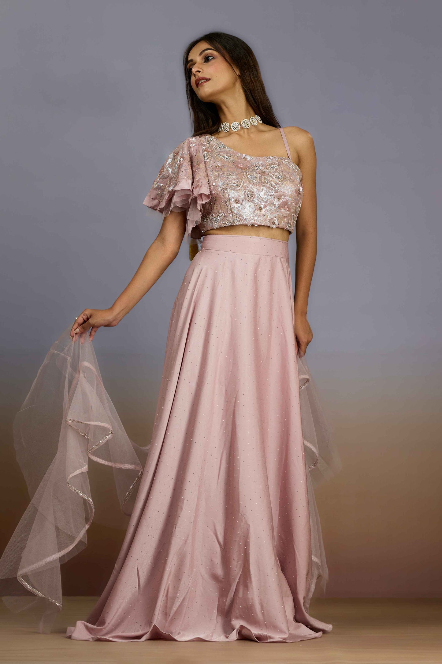 Peach Sequins Crepe Indo Western 1024-10093