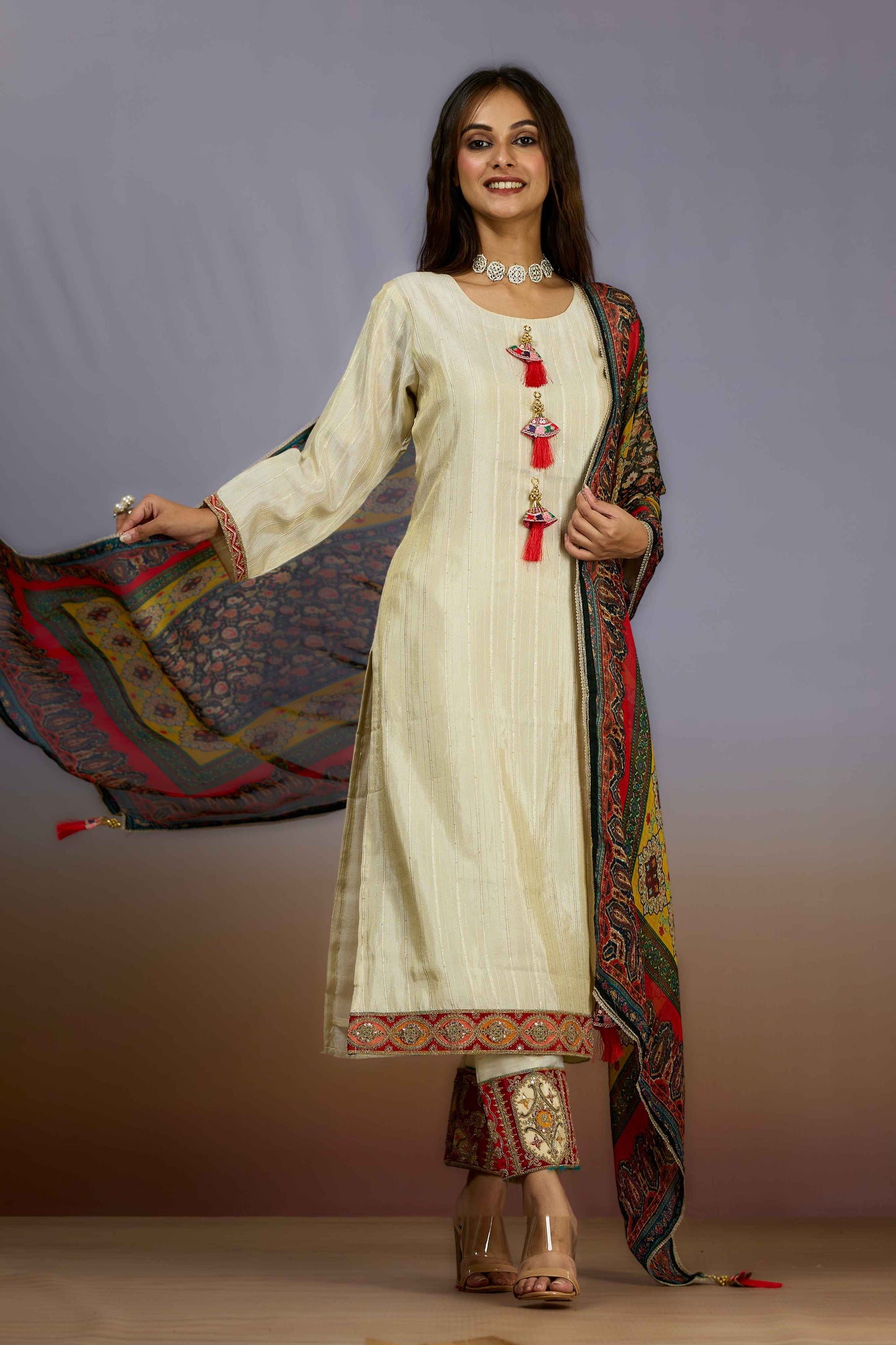 Cream Sequins Tissue Salwar Suits 1019-10084