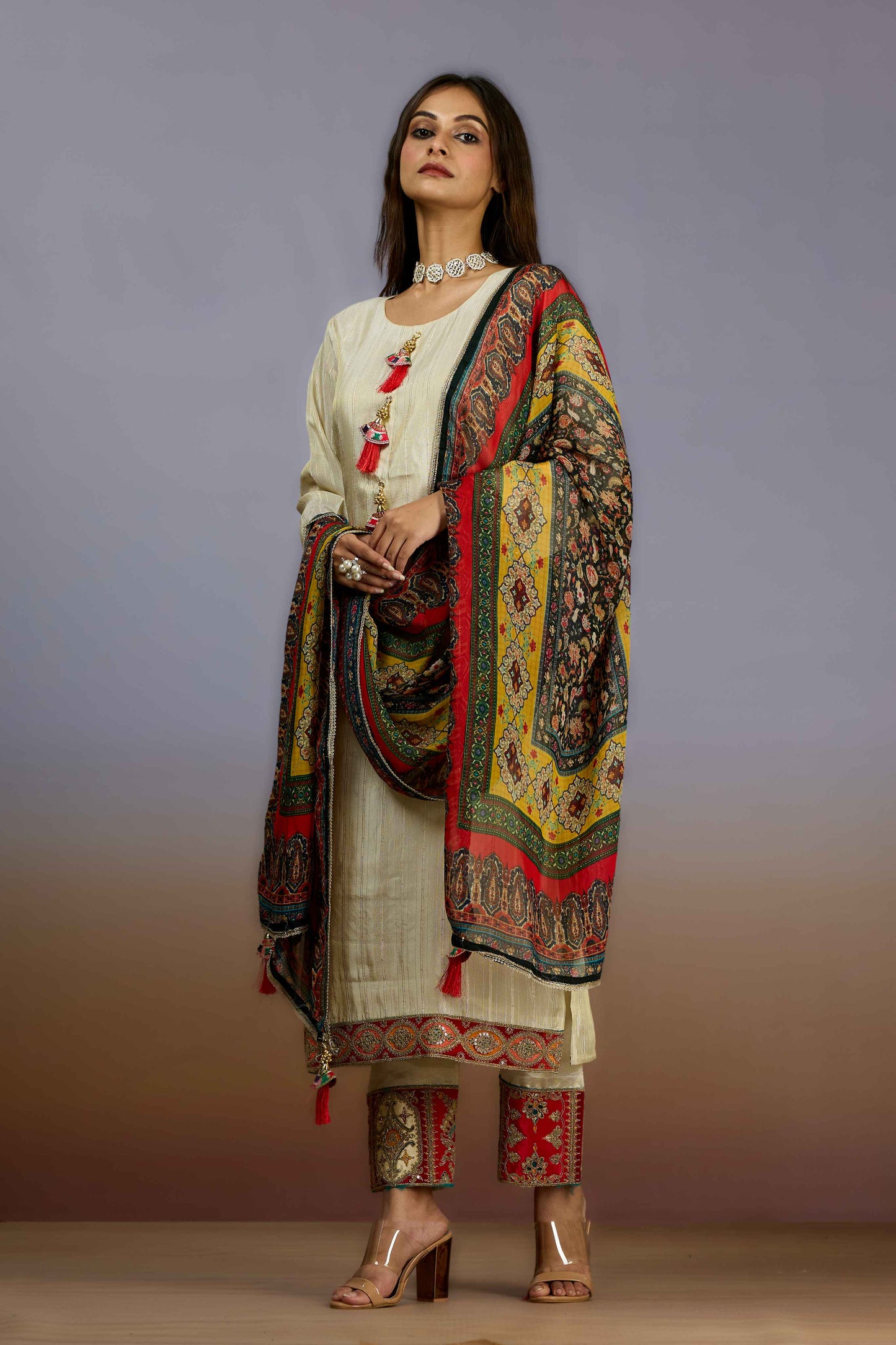 Cream Sequins Tissue Salwar Suits 1019-10084