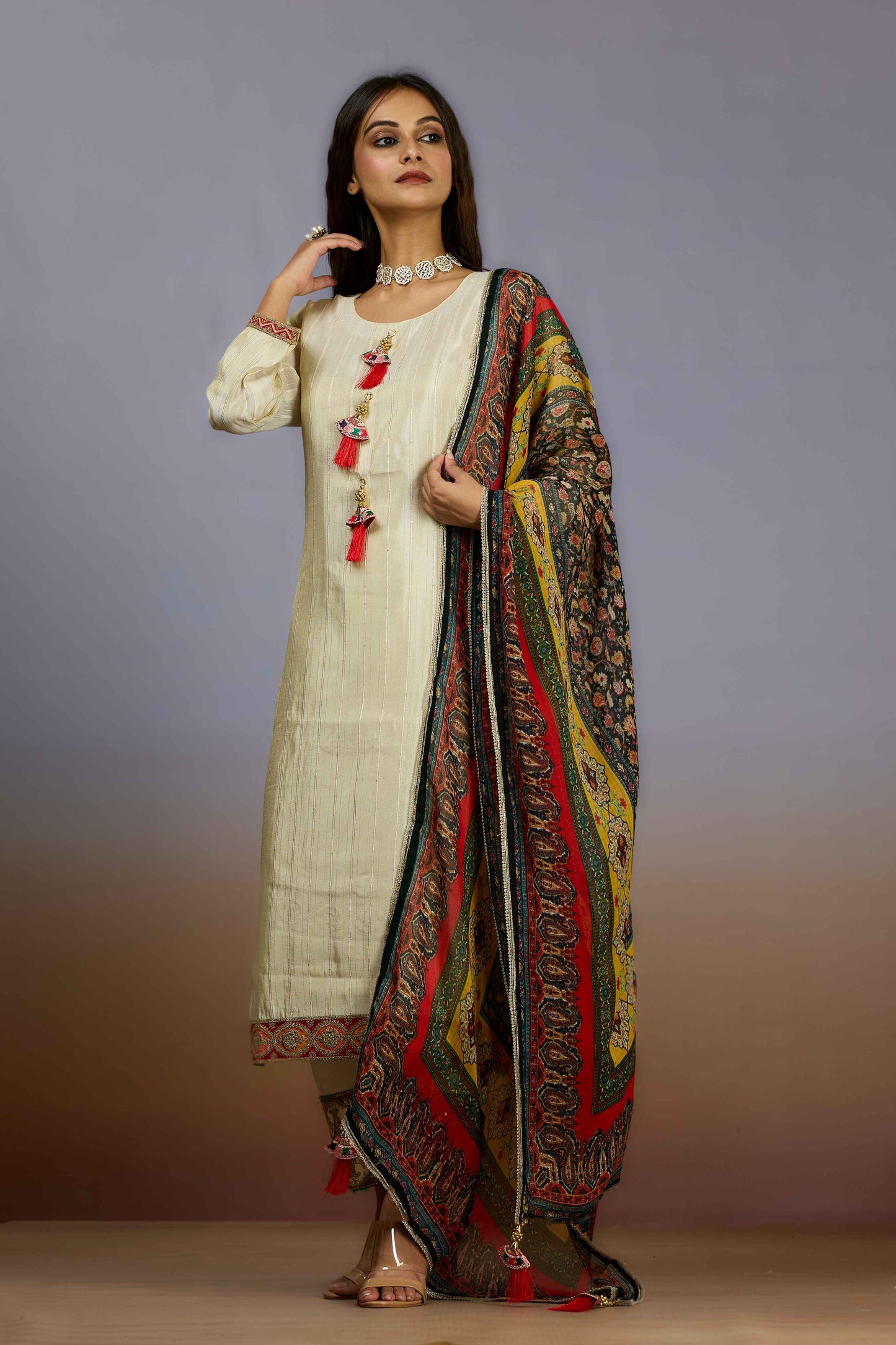 Cream Sequins Tissue Salwar Suits 1019-10084