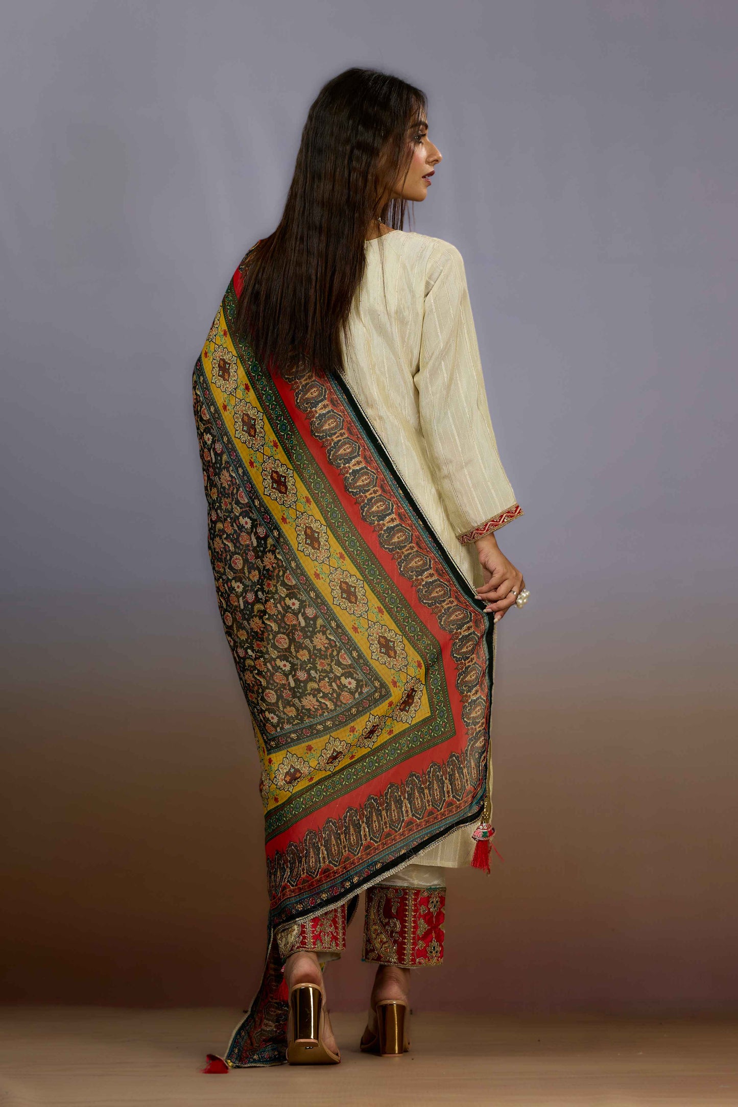 Cream Sequins Tissue Salwar Suits 1019-10084