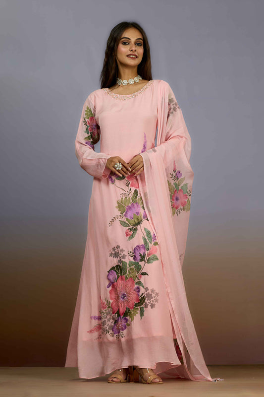 Peach Pearlwork Chinon Salwar Suits 1017-10115