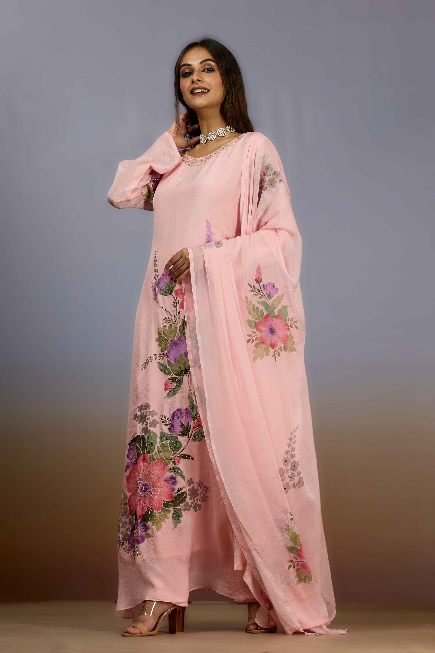 Peach Pearlwork Chinon Salwar Suits 1017-10115